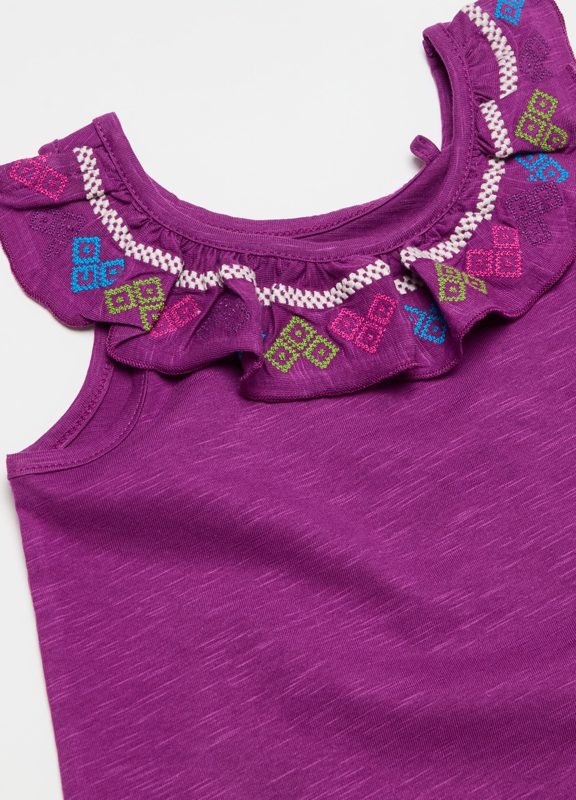 Cotton tank top with flounce and embroidery