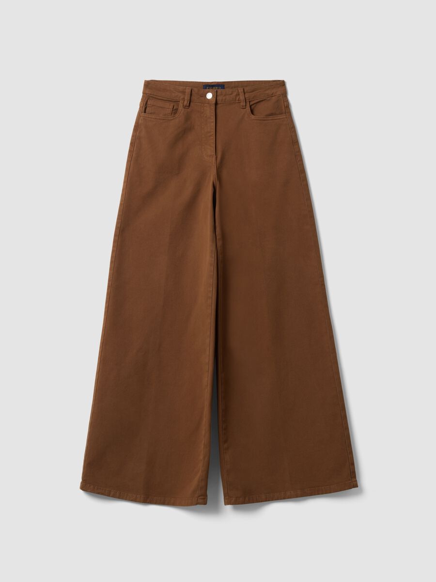 Brown wide-leg stretch cotton trousers_0