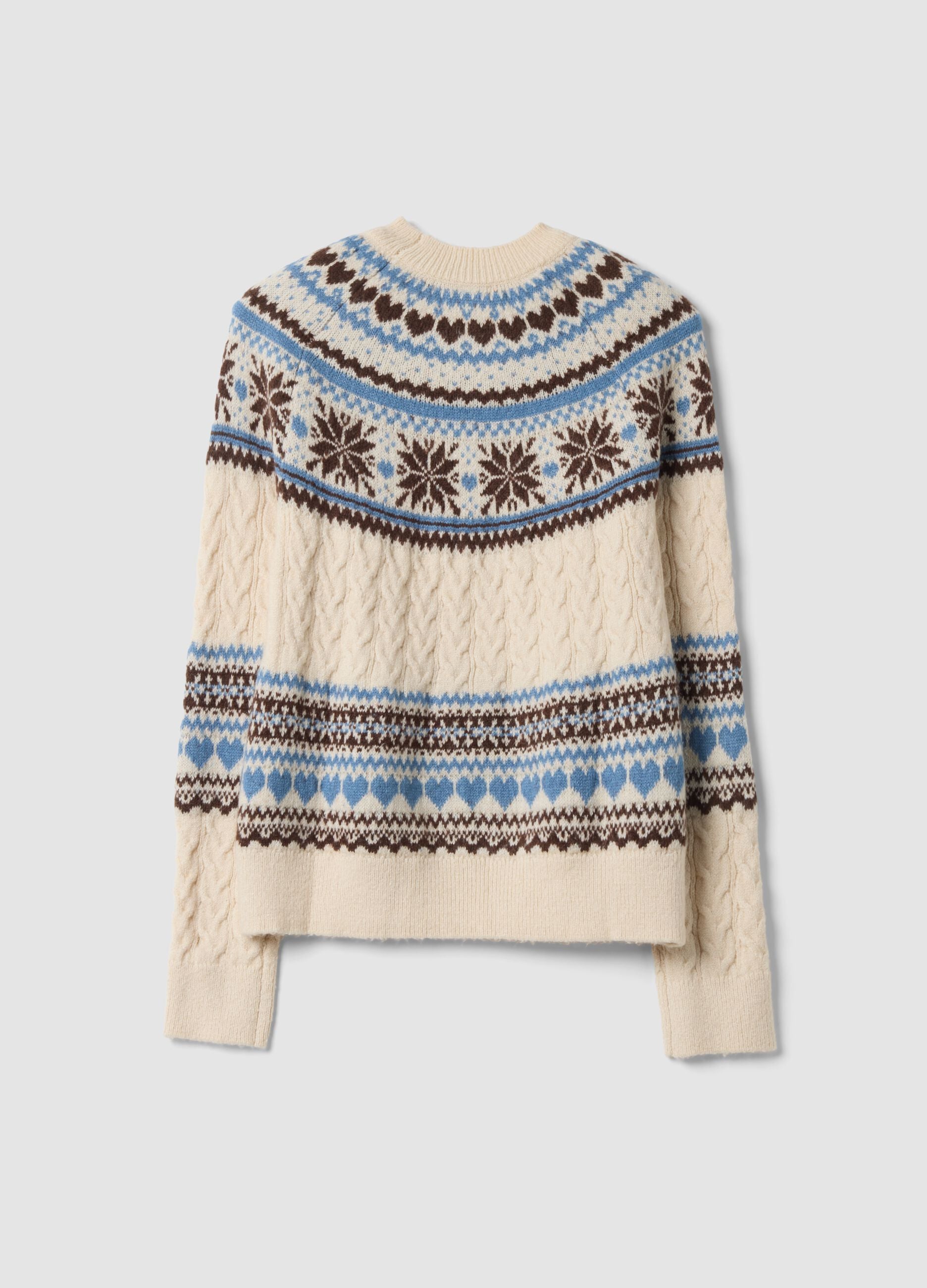 Beige jacquard crew-neck oversized jumper