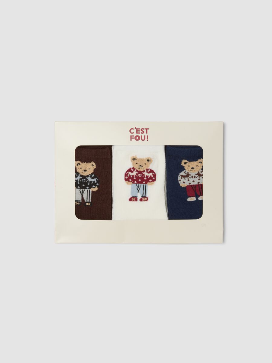 Multicolour stretch organic cotton three-pack socks with teddy bear_0
