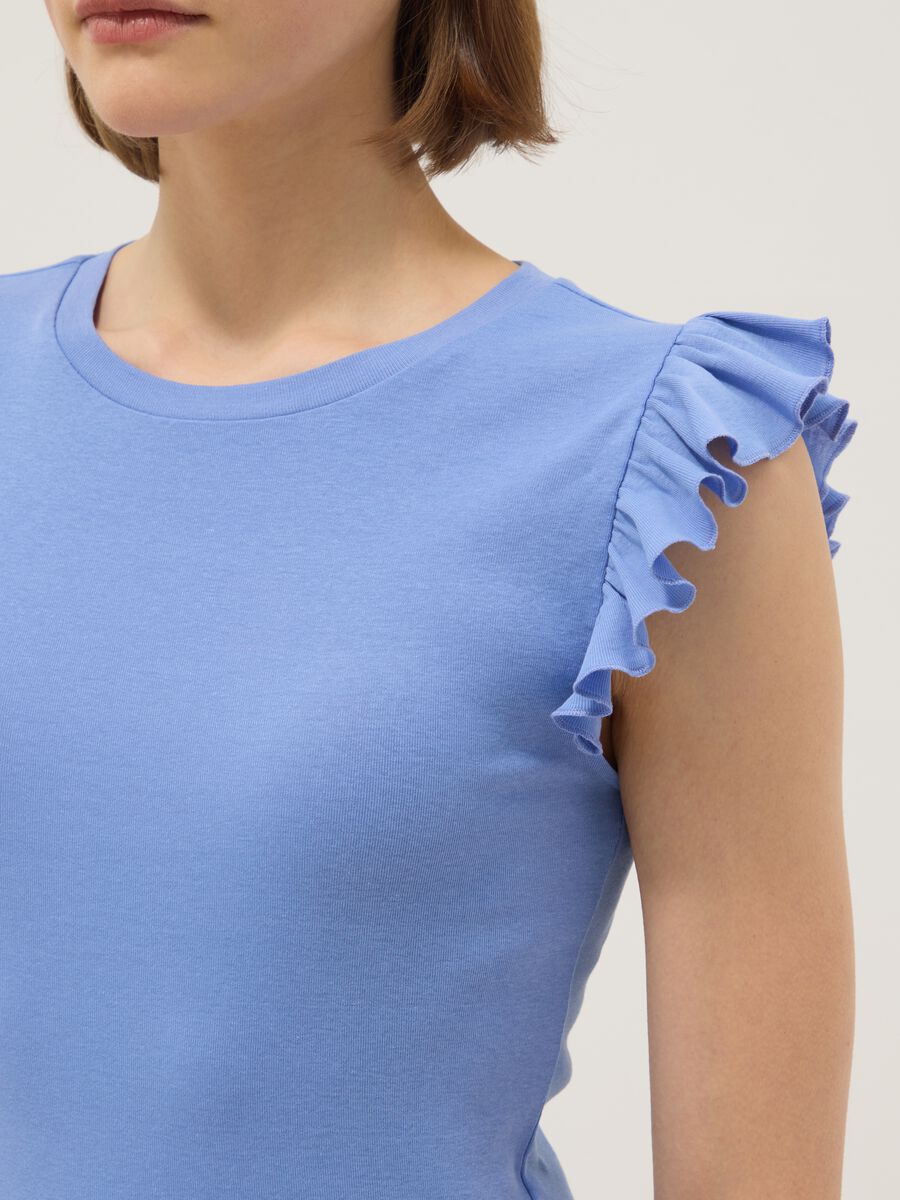 Sky blue slim fit pure cotton T-shirt with ruffles_3