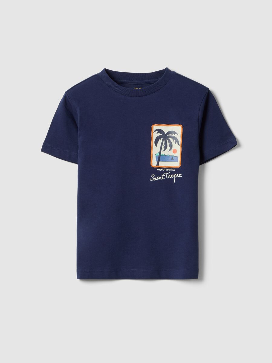 Boys' regular fit blue pure cotton T-shirt with palm print_0
