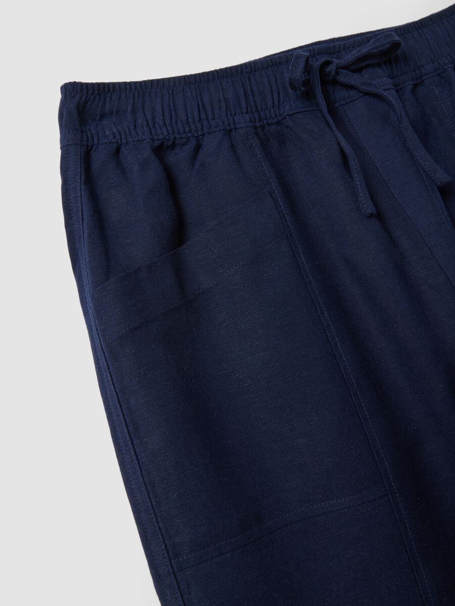 Blue viscose and linen blend straight-leg trousers with drawstring_5