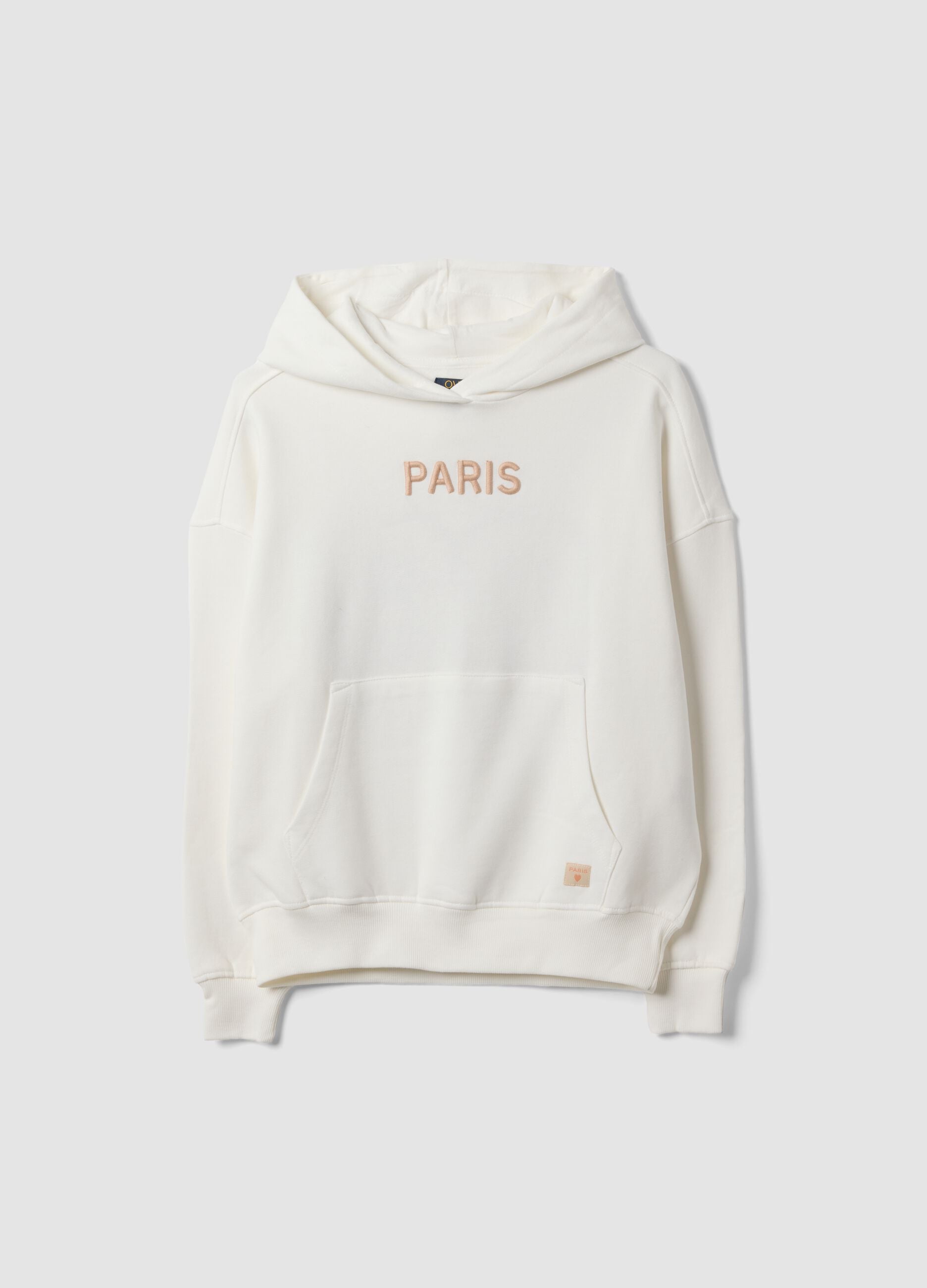 Sweatshirt branca com capuz em 100% algod&atilde;o, corte oversize e estampado &ldquo;Paris&rdquo;