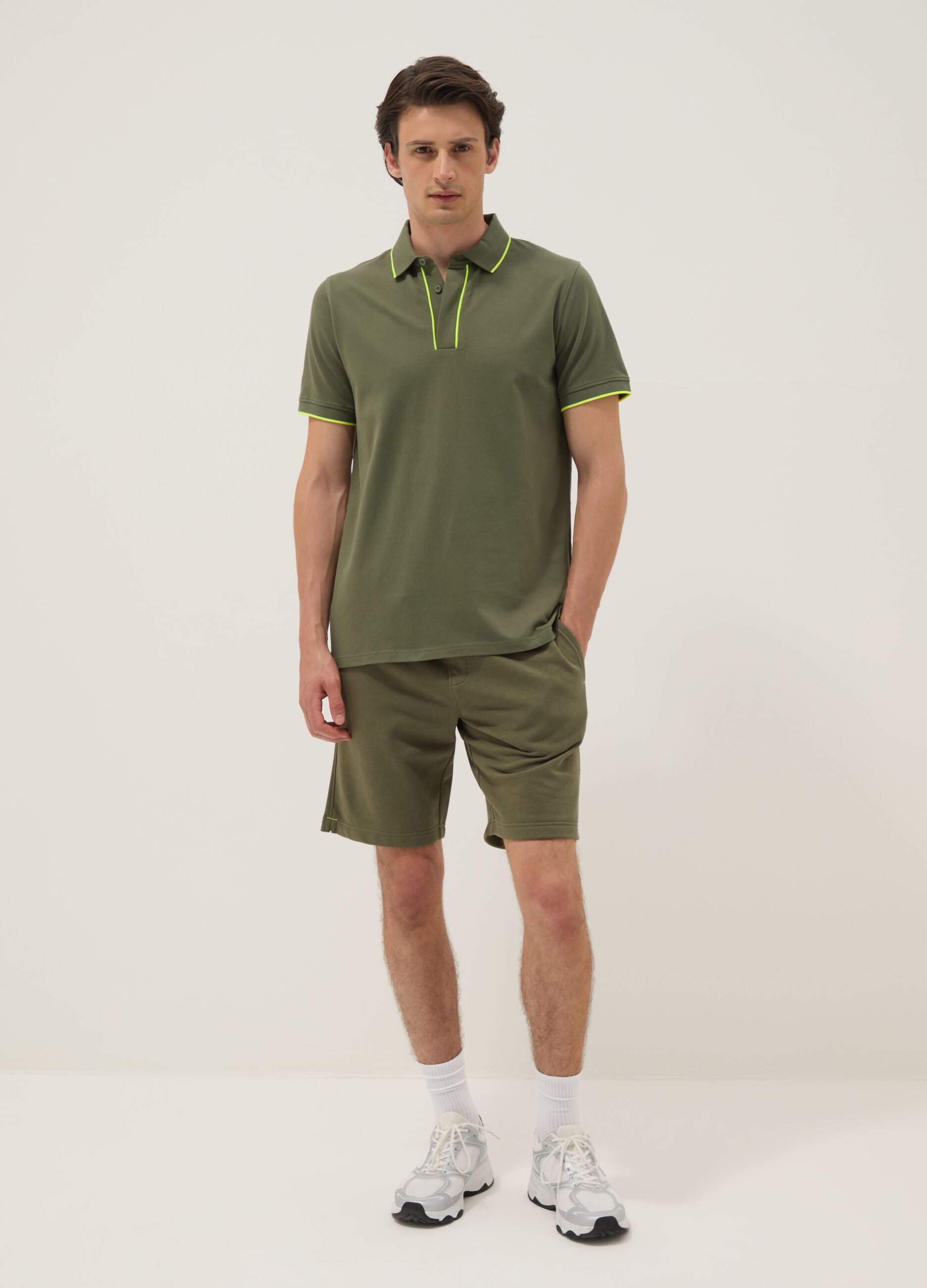 Green stretch cotton polo shirt with classic collar