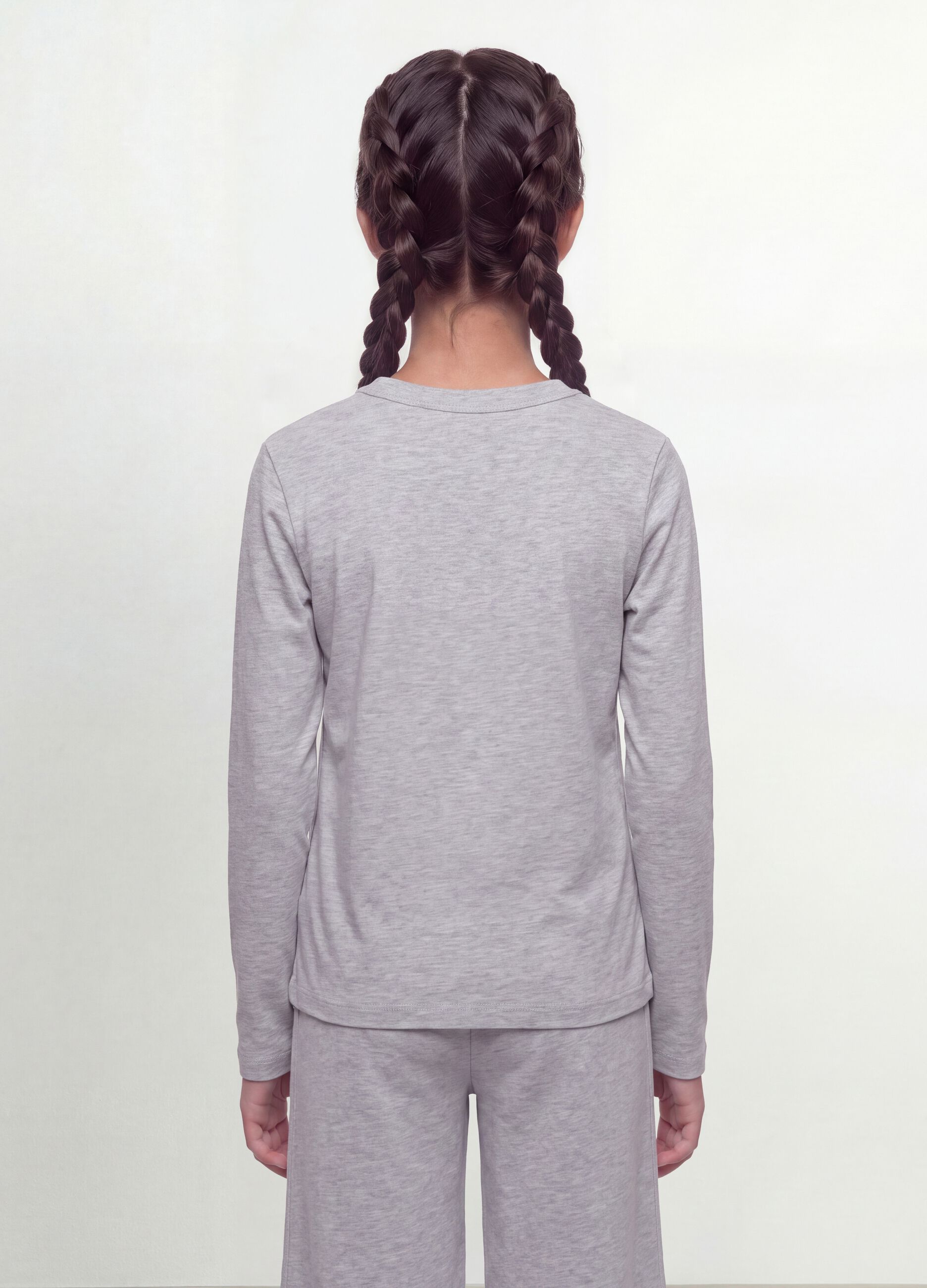 Graues T-Shirt aus Bio-Baumwolle und elastischer Viskose mit Rippkragen f&uuml;r M&auml;dchen