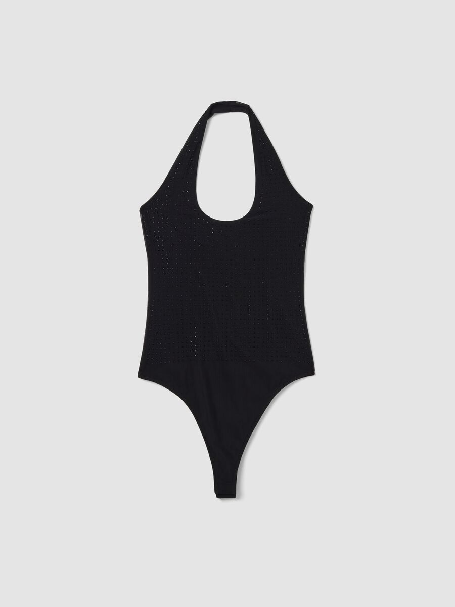 Black stretch fabric bodysuit with rhinestones, regular fit_0