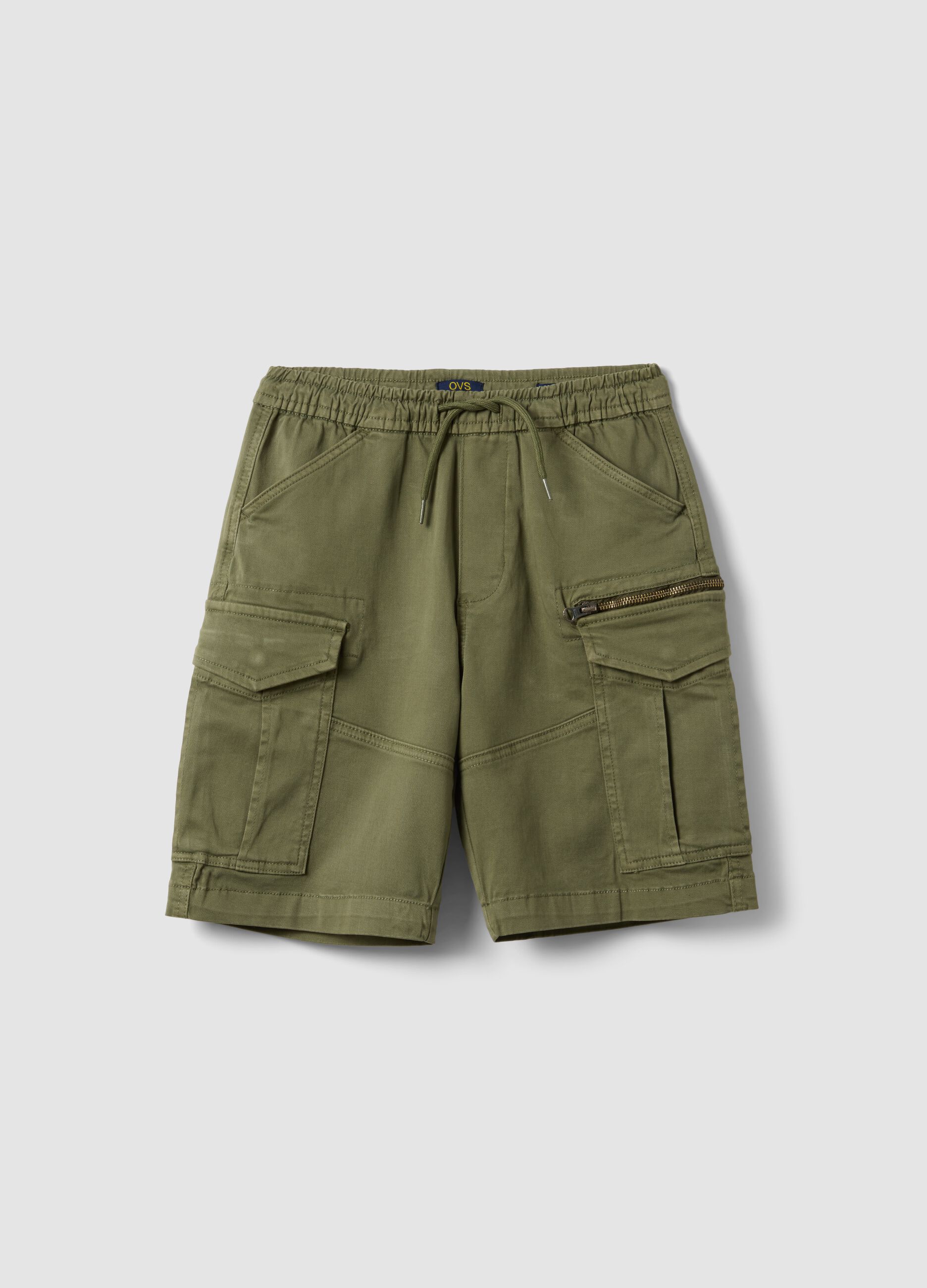 Green stretch cotton cargo shorts