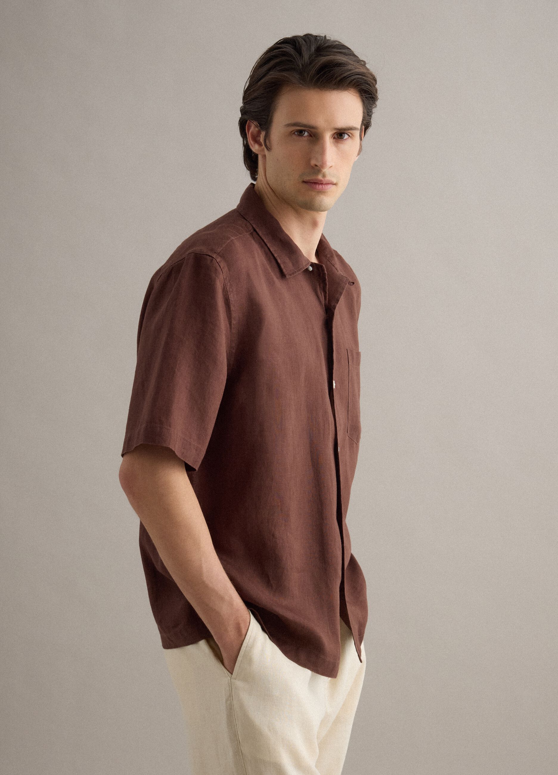 Brown short sleeve pure linen regular fit shirt
