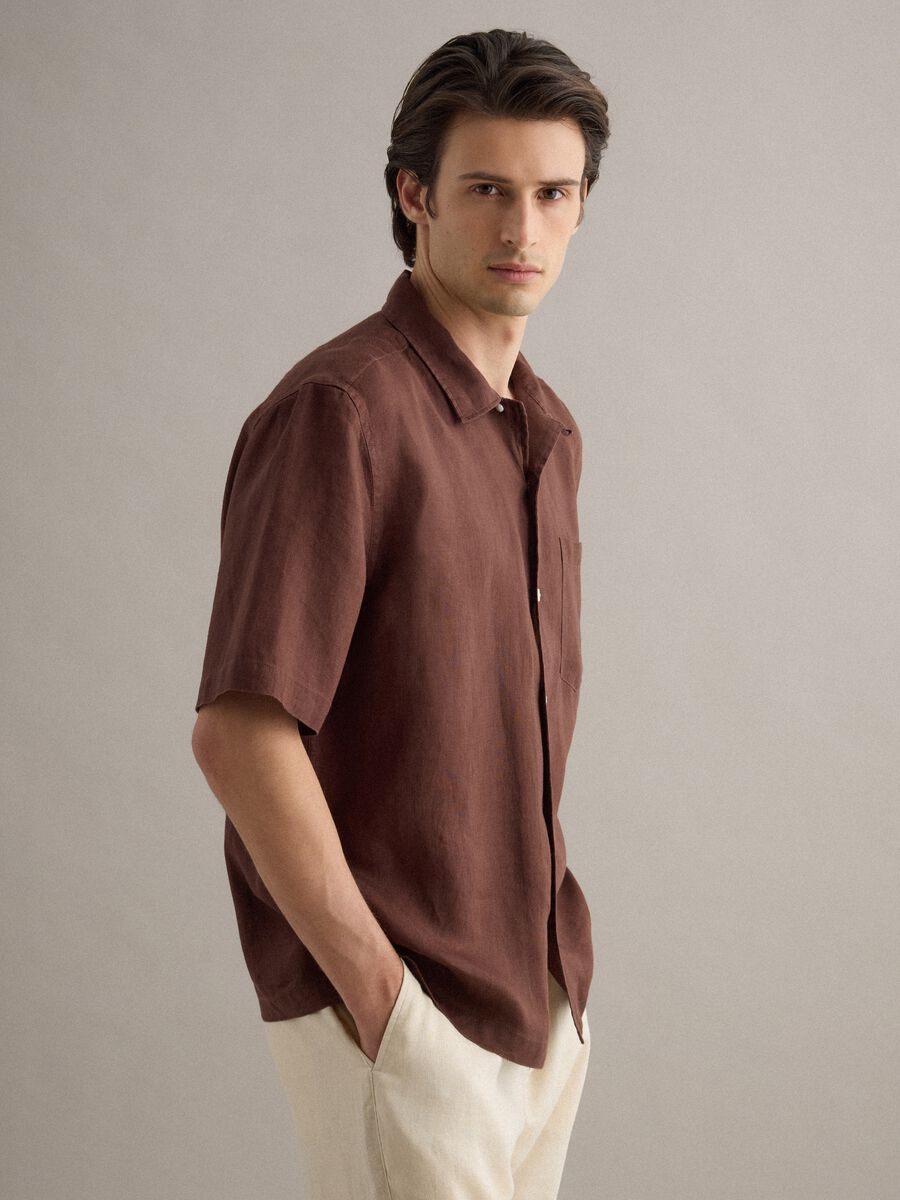 Brown short sleeve pure linen regular fit shirt_4
