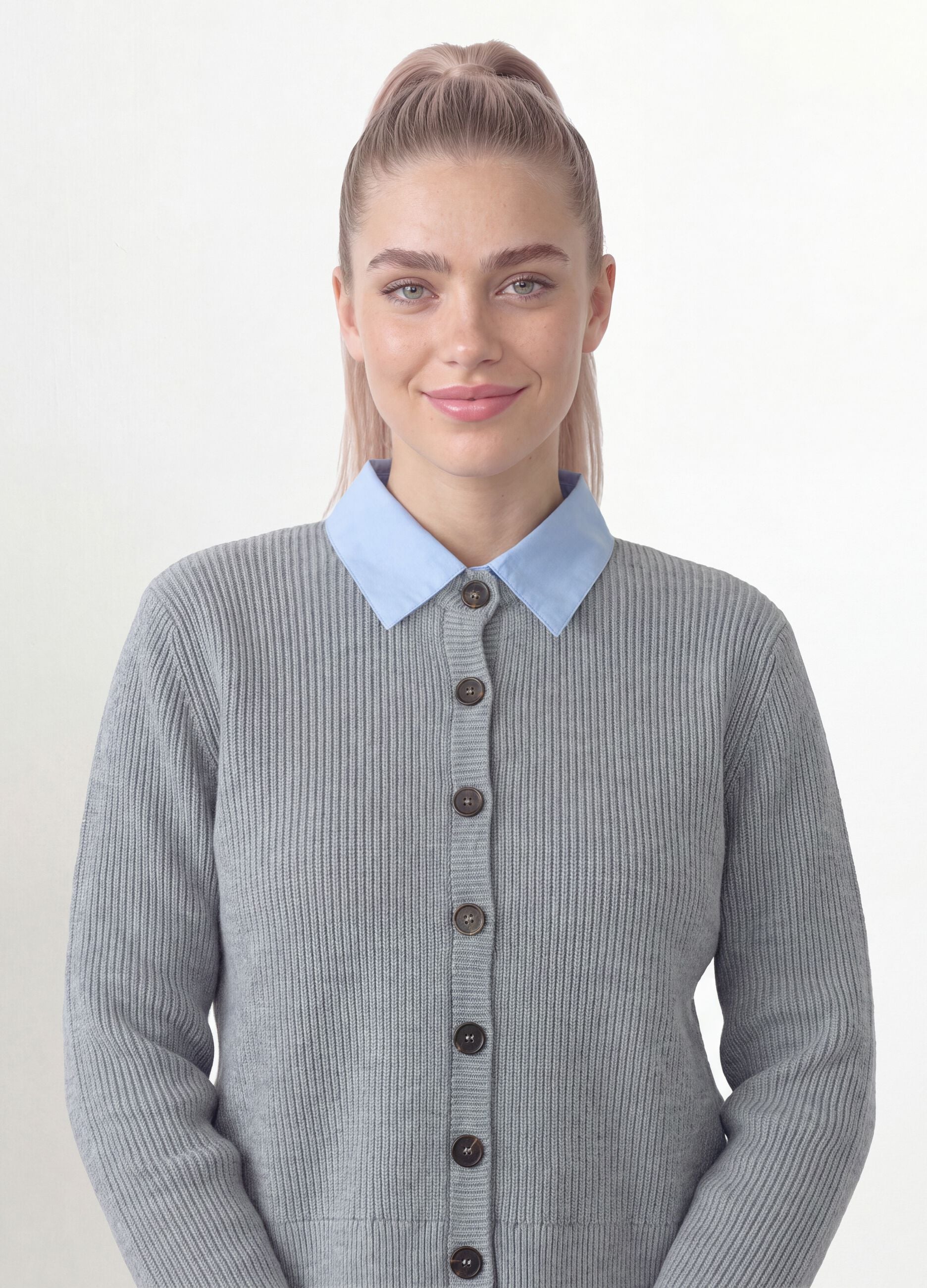 Cardigan grigio con colletto regular fit a coste effetto doppio strato