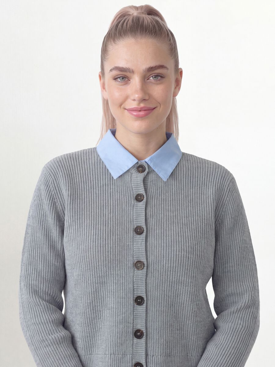 Grey rib-knit regular-fit cardigan with collar and layered-look detail_2