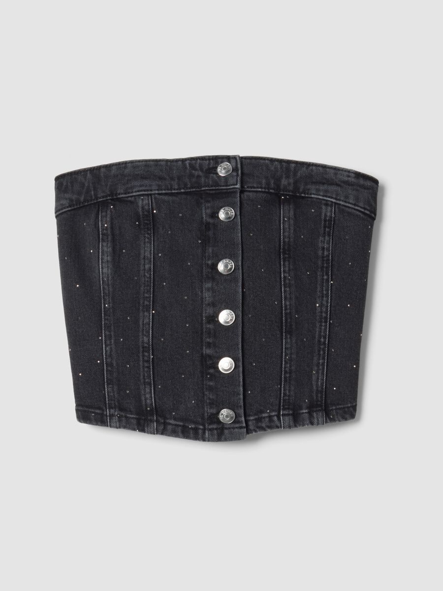 Top bandeau nero crop in cotone elasticizzato denim_0