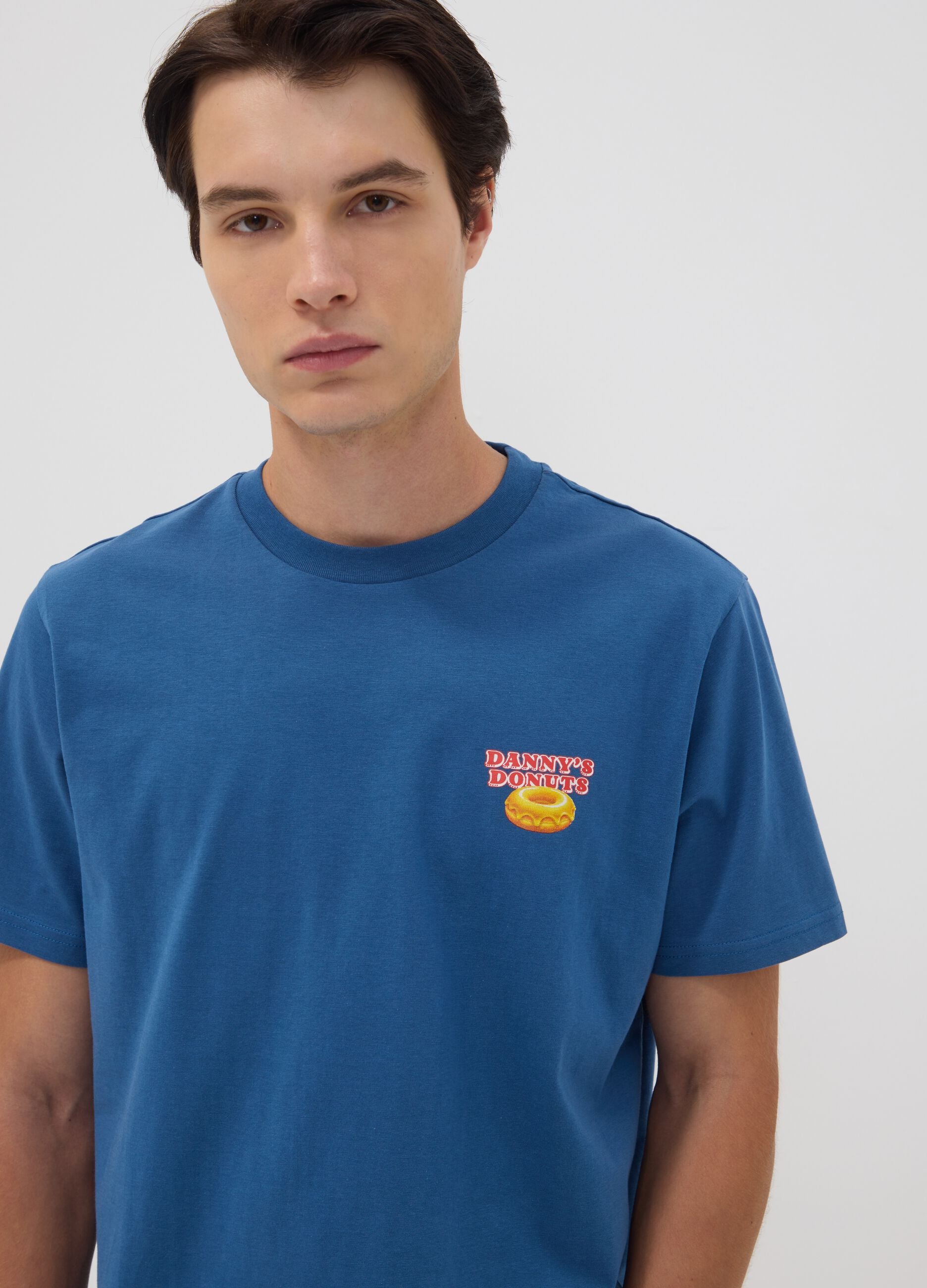 Blaues T-Shirt aus reiner Baumwoll-Jersey mit Print, Regular Fit