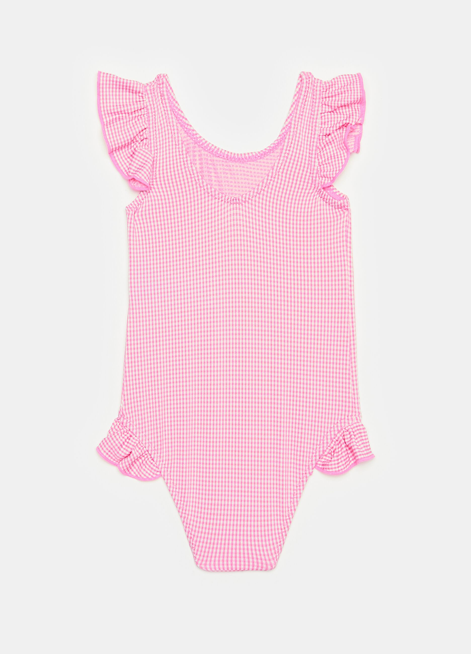 One-piece swimsuit with gingham pattern and flounce