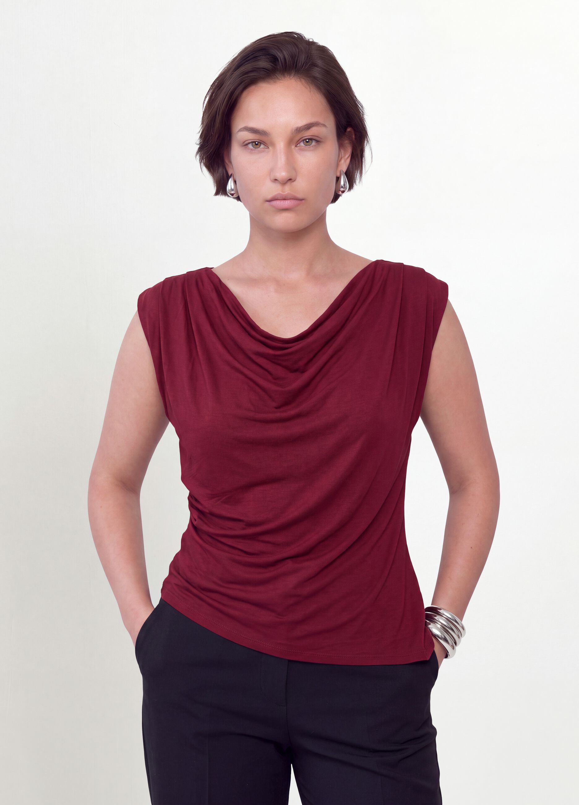 Red stretch viscose T-shirt with draped neckline