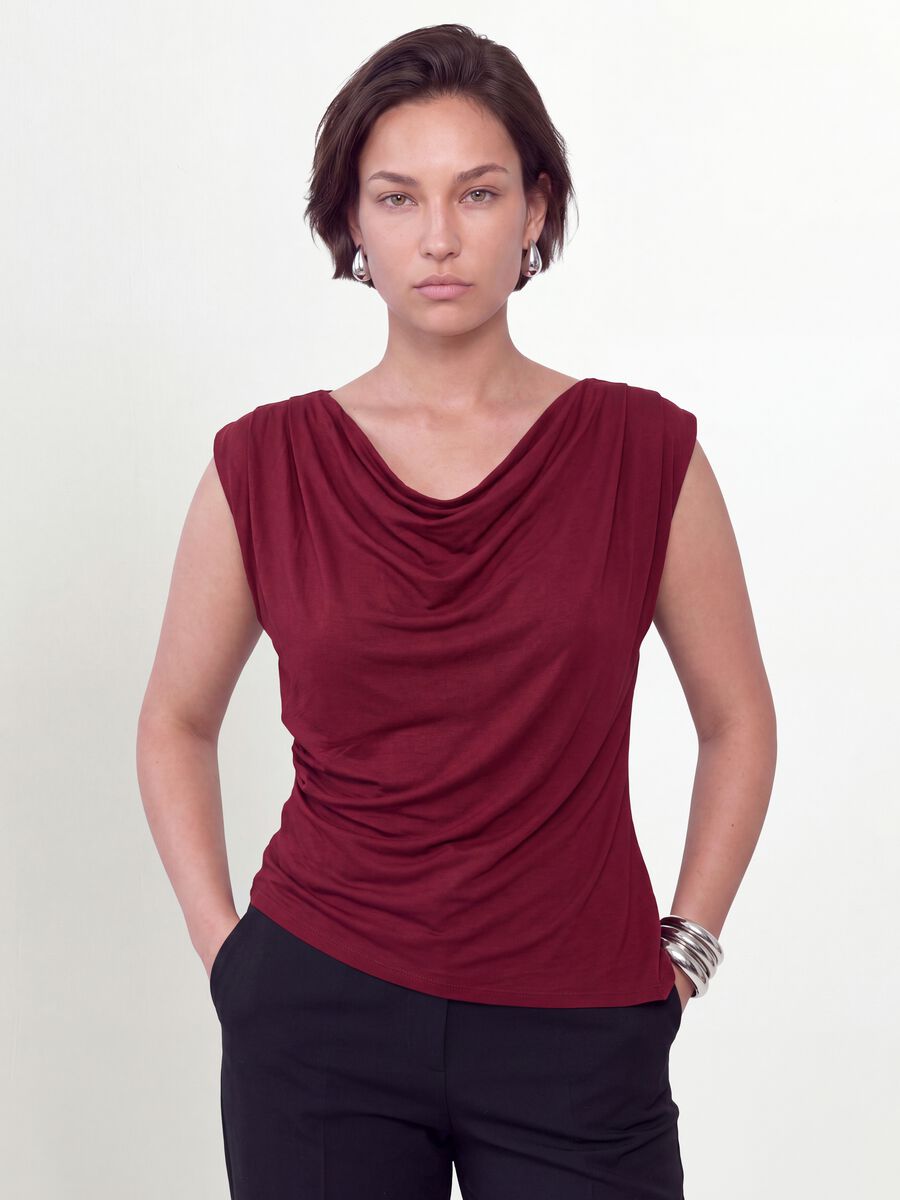 Red stretch viscose T-shirt with draped neckline_0