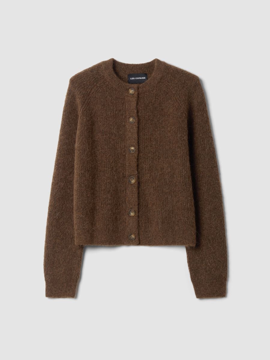 Brown stretchy wool and alpaca crew-neck cardigan_0