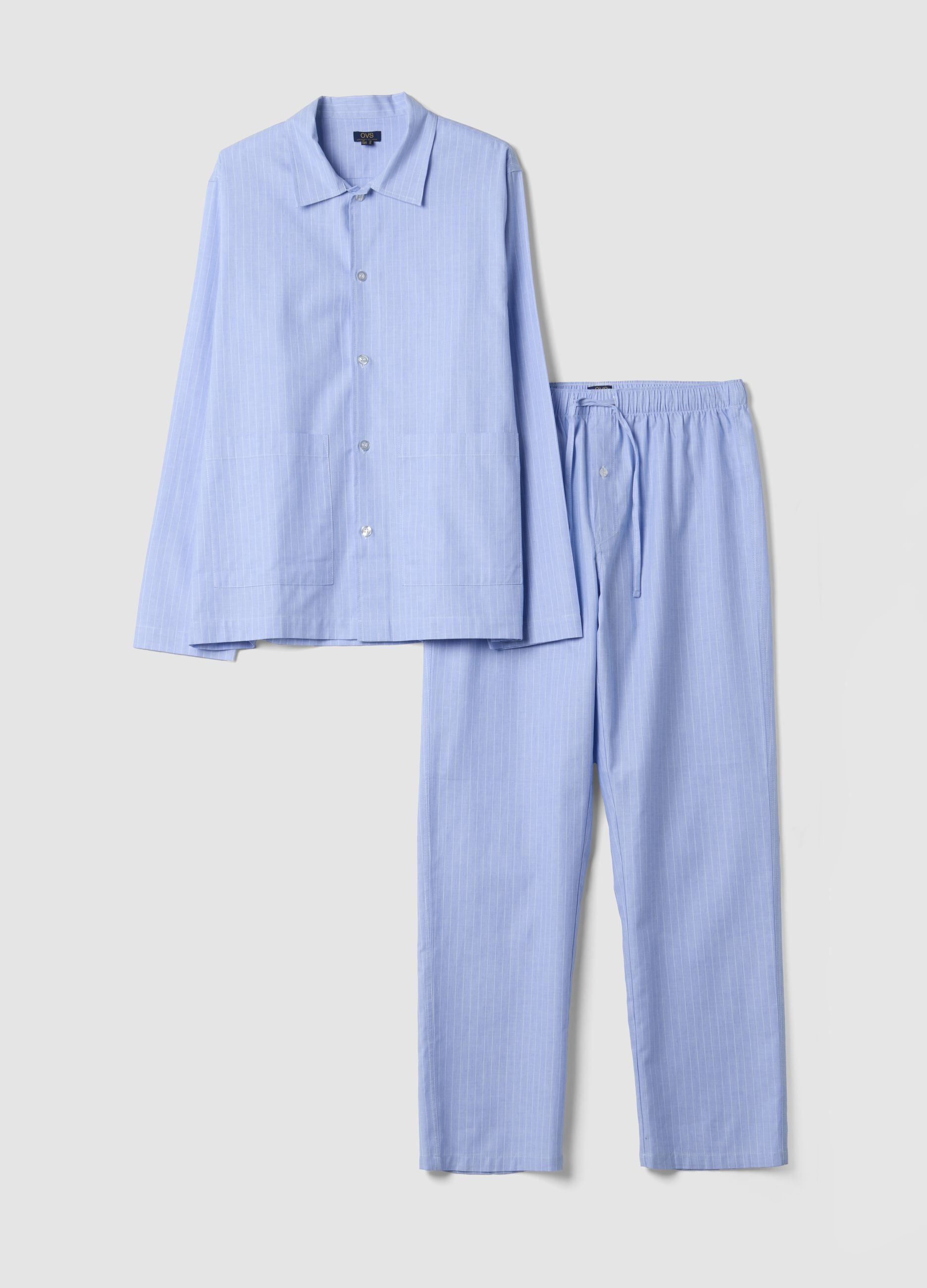 Blau gestreifter Pyjama aus reiner Bio-Baumwolle mit Kragen