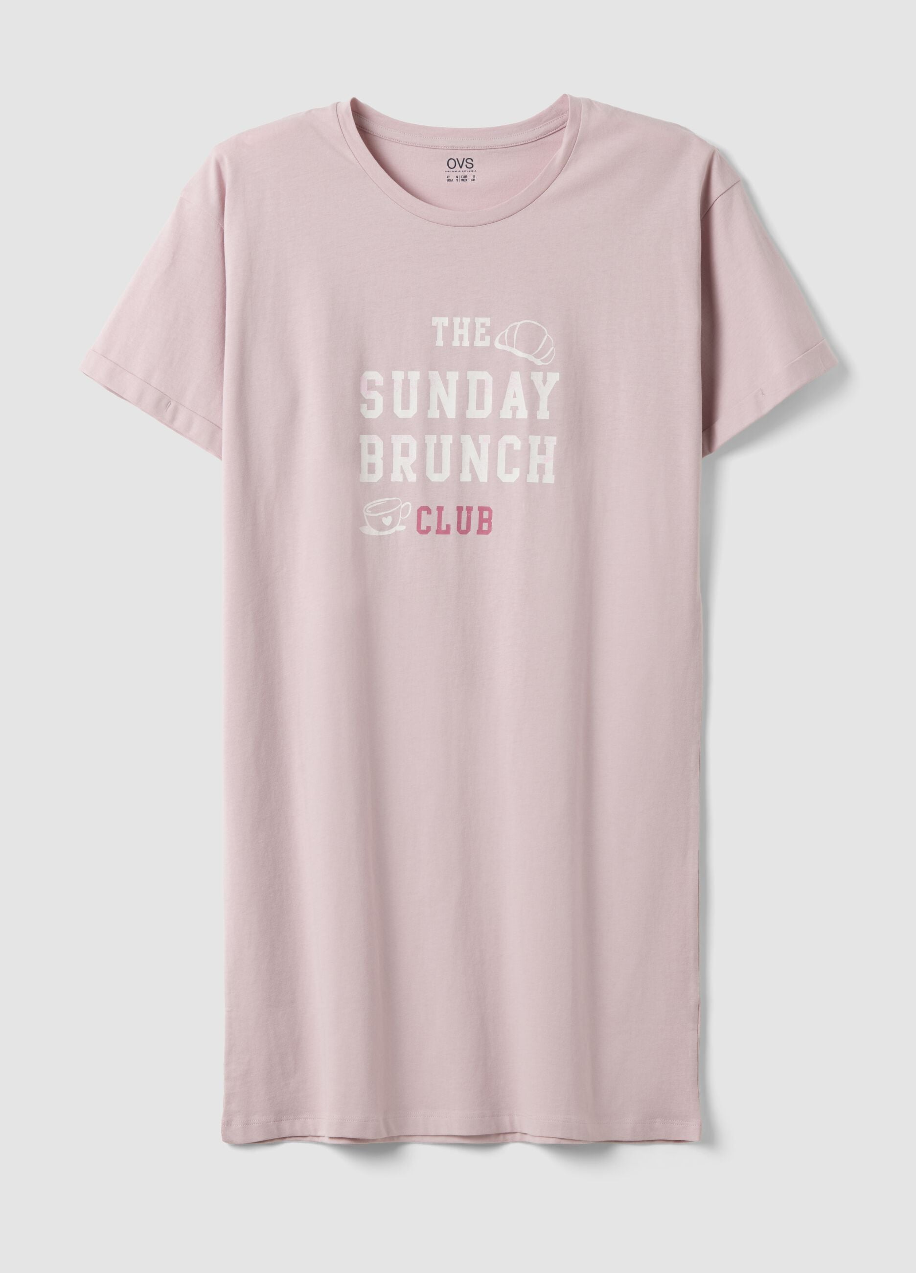 Camicia da notte rosa in puro cotone organico a girocollo con scritte frontali