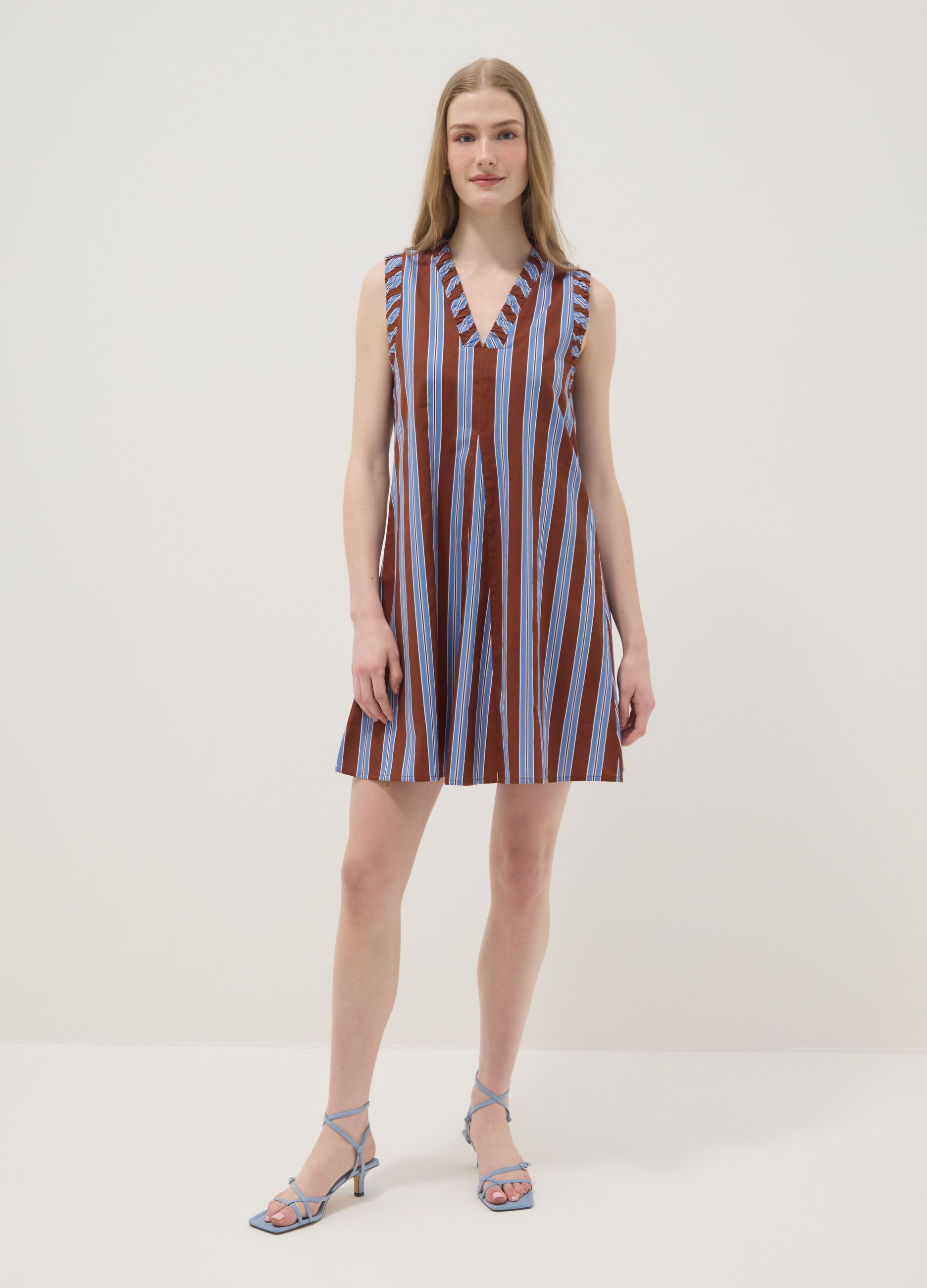 Multicolour striped pure cotton mini dress with V-neck, regular fit