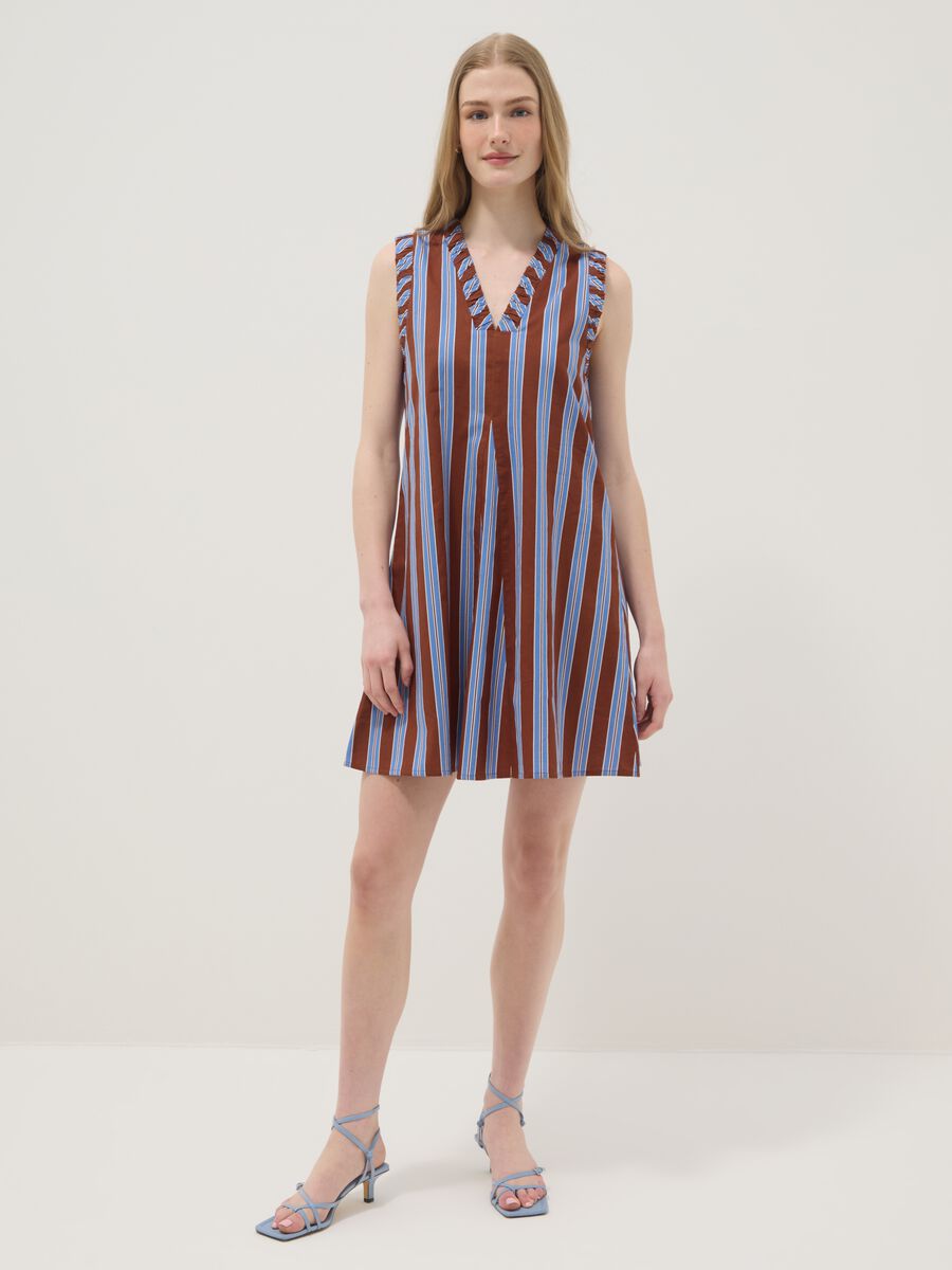 Multicolour striped pure cotton mini dress with V-neck, regular fit_0