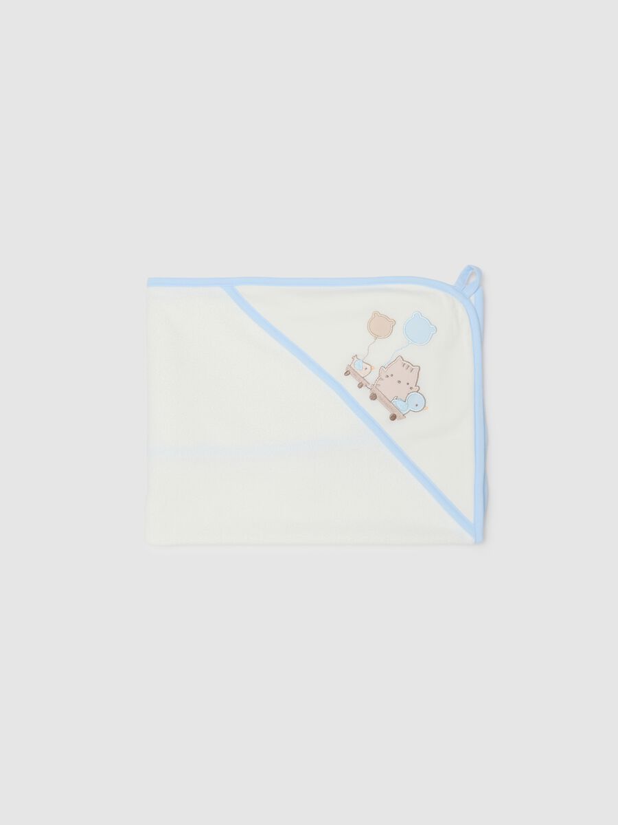 White cotton blend bathrobe with hood and embroidery_0