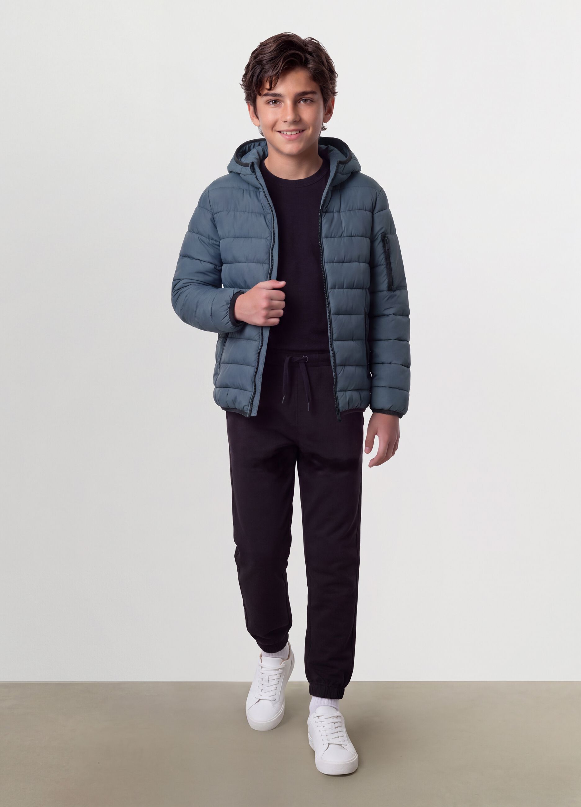 Grey Ultralight padded hooded jacket with zip for boys