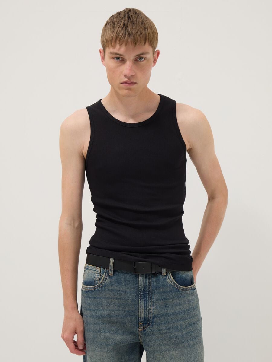 Black ribbed stretch-cotton fitted tank top_0