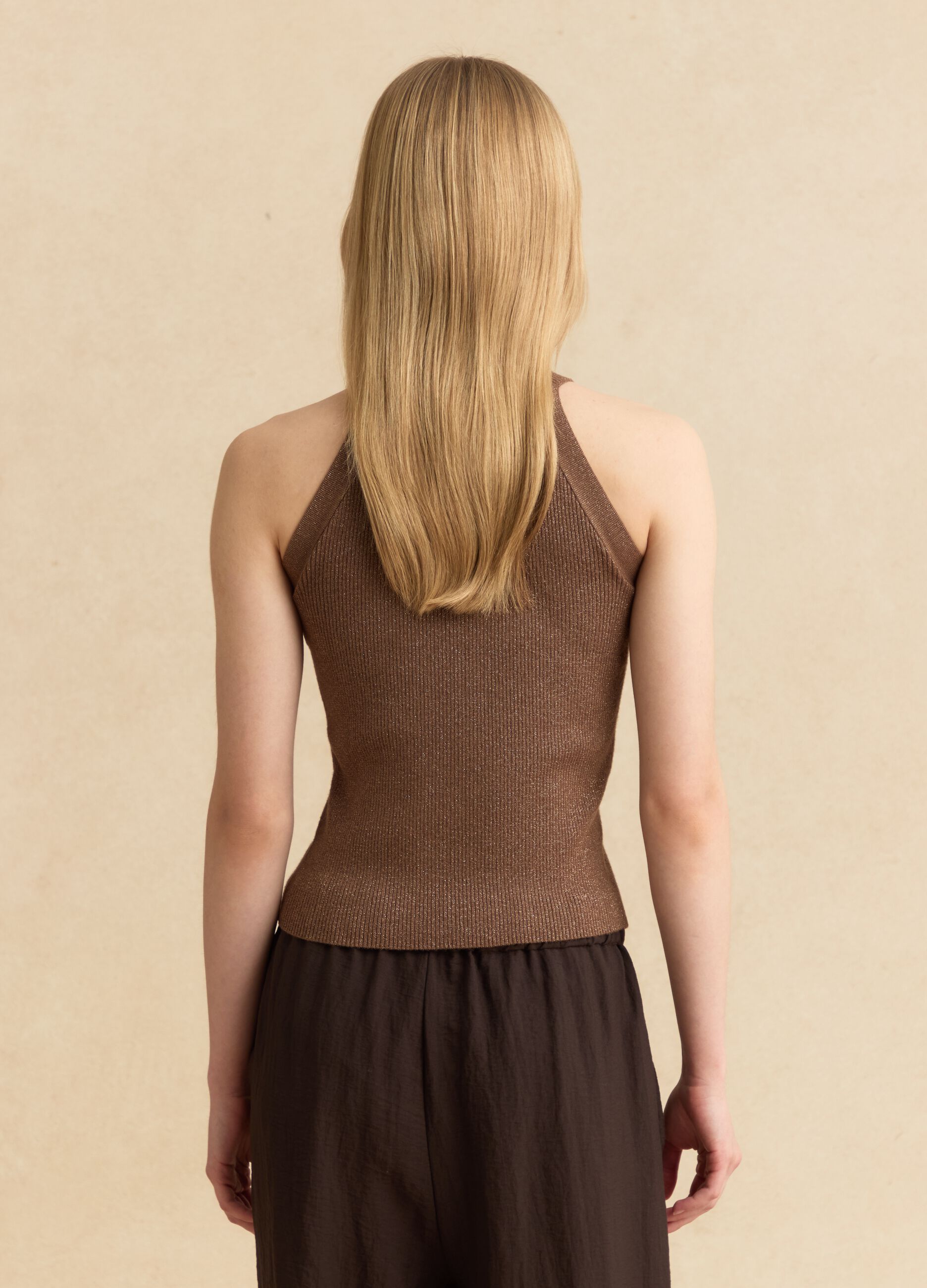 Brown viscose blend fitted tank top