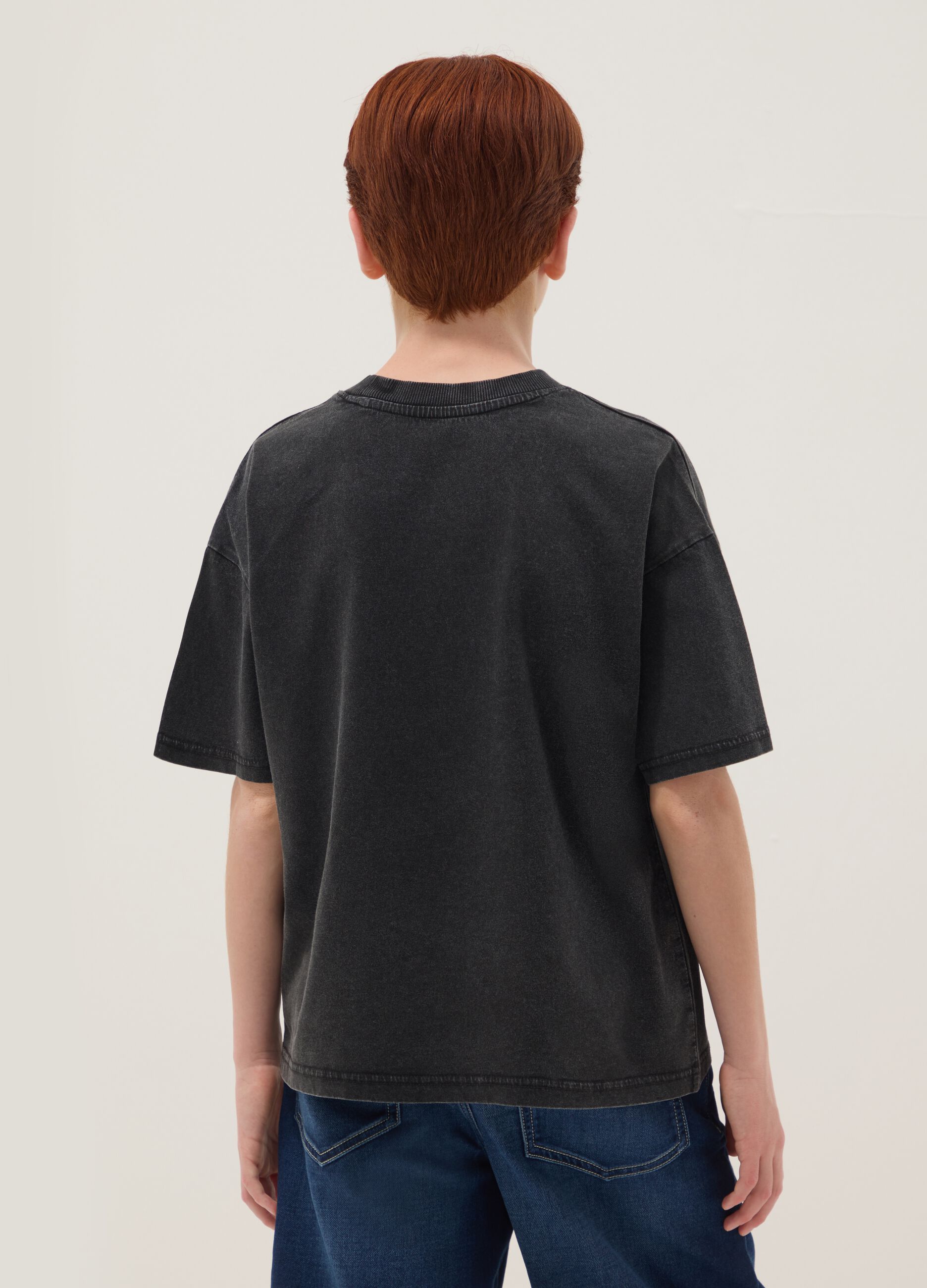 Boys&rsquo; black pure cotton short-sleeve T-shirt, oversized fit