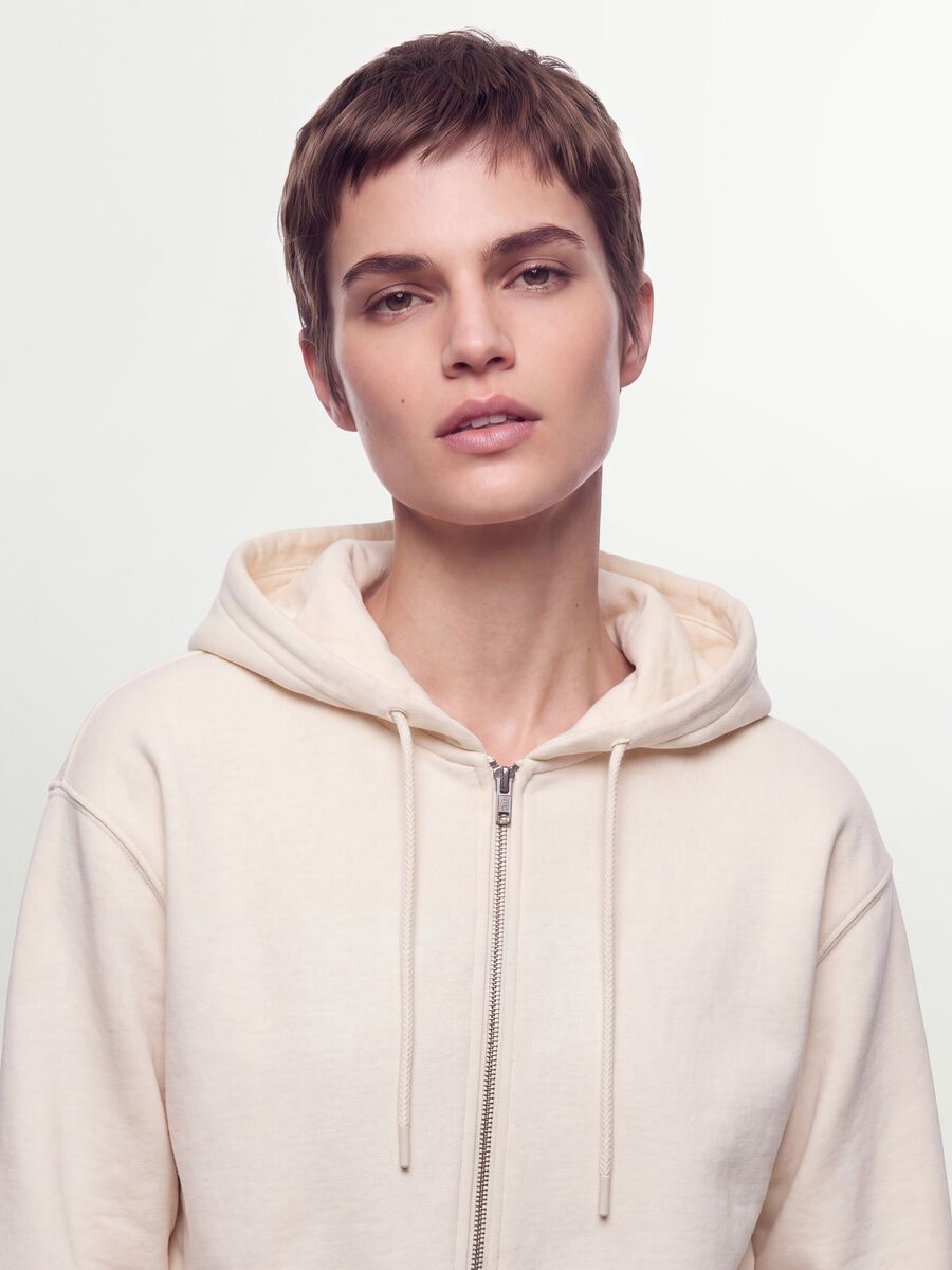 White cotton-blend fitted zip-up hoodie_0