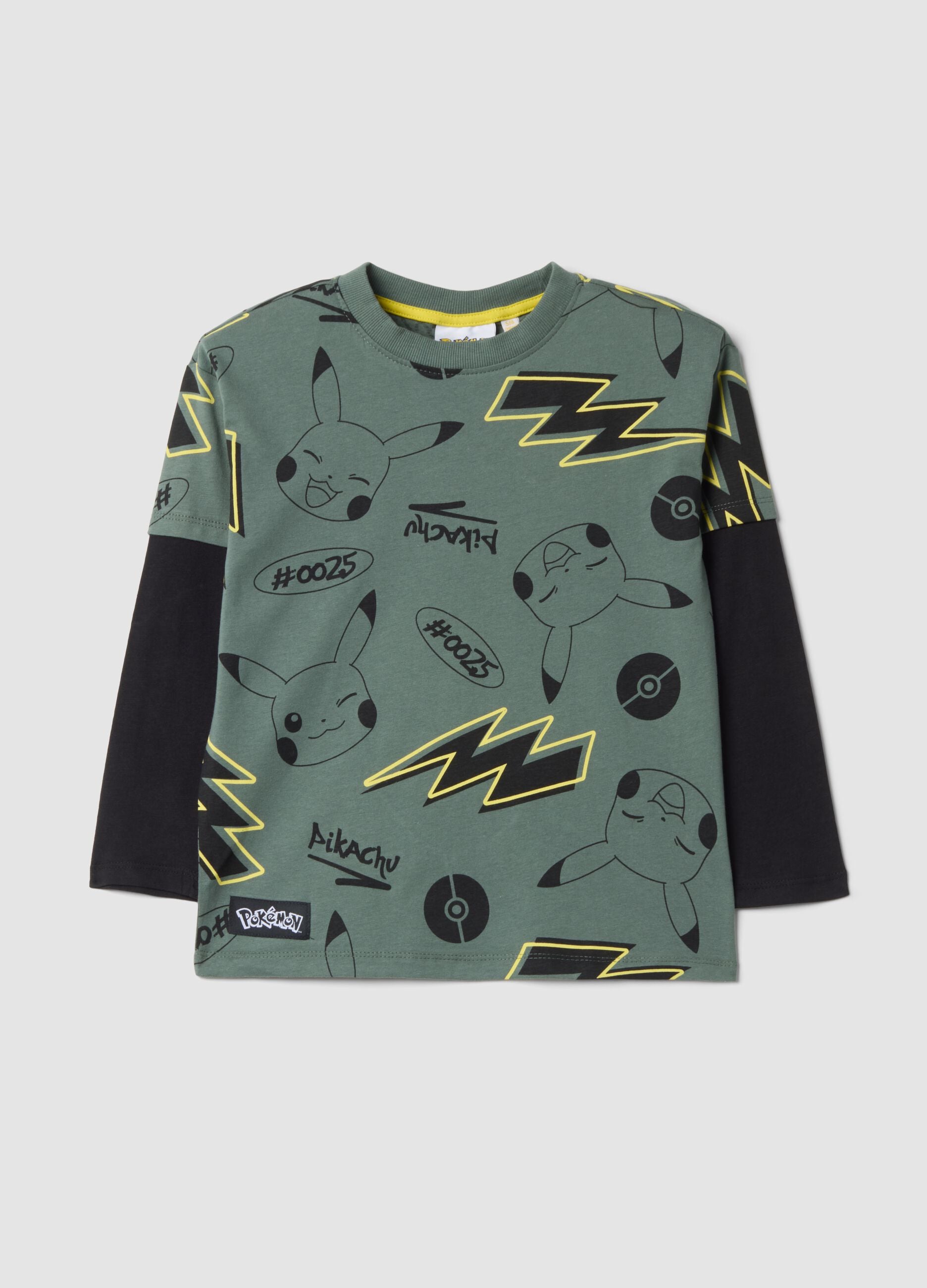 T-shirt verde em algod&atilde;o puro com estampado Pikachu, corte relaxed