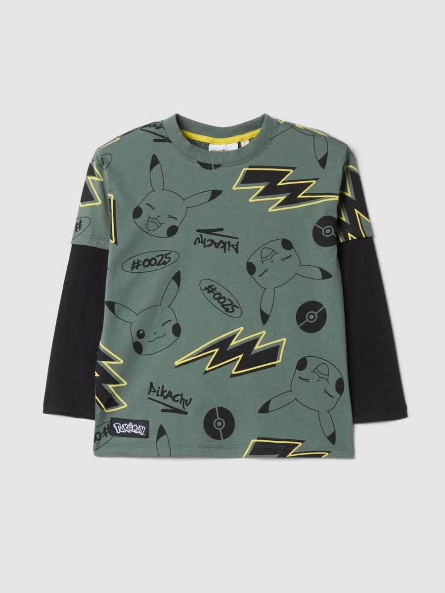 T-shirt verde em algod&atilde;o puro com estampado Pikachu, corte relaxed_0