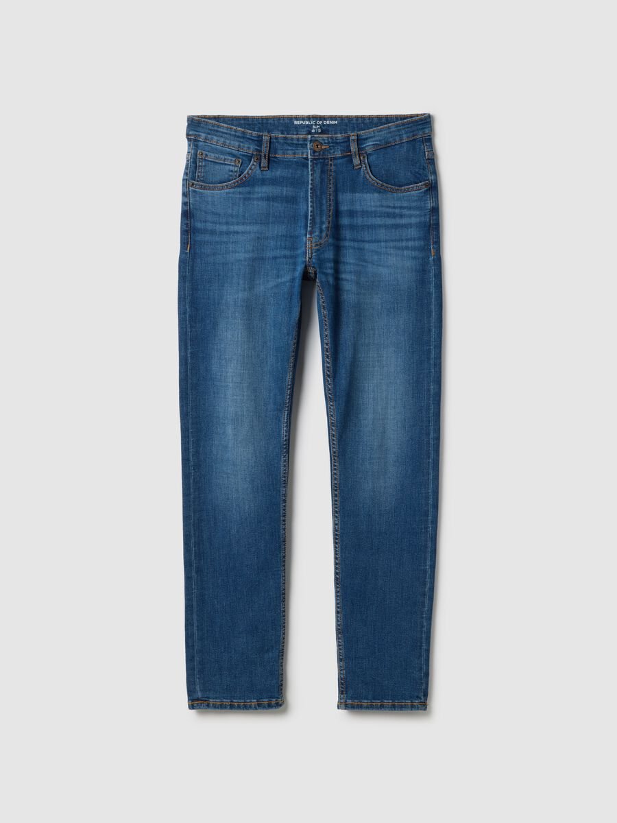 Slim fit blue stretch cotton jeans with five pockets_4