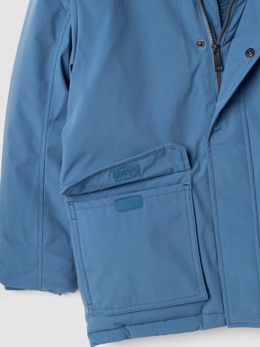 Long padded blue parka with detachable hood, oversized fit_3