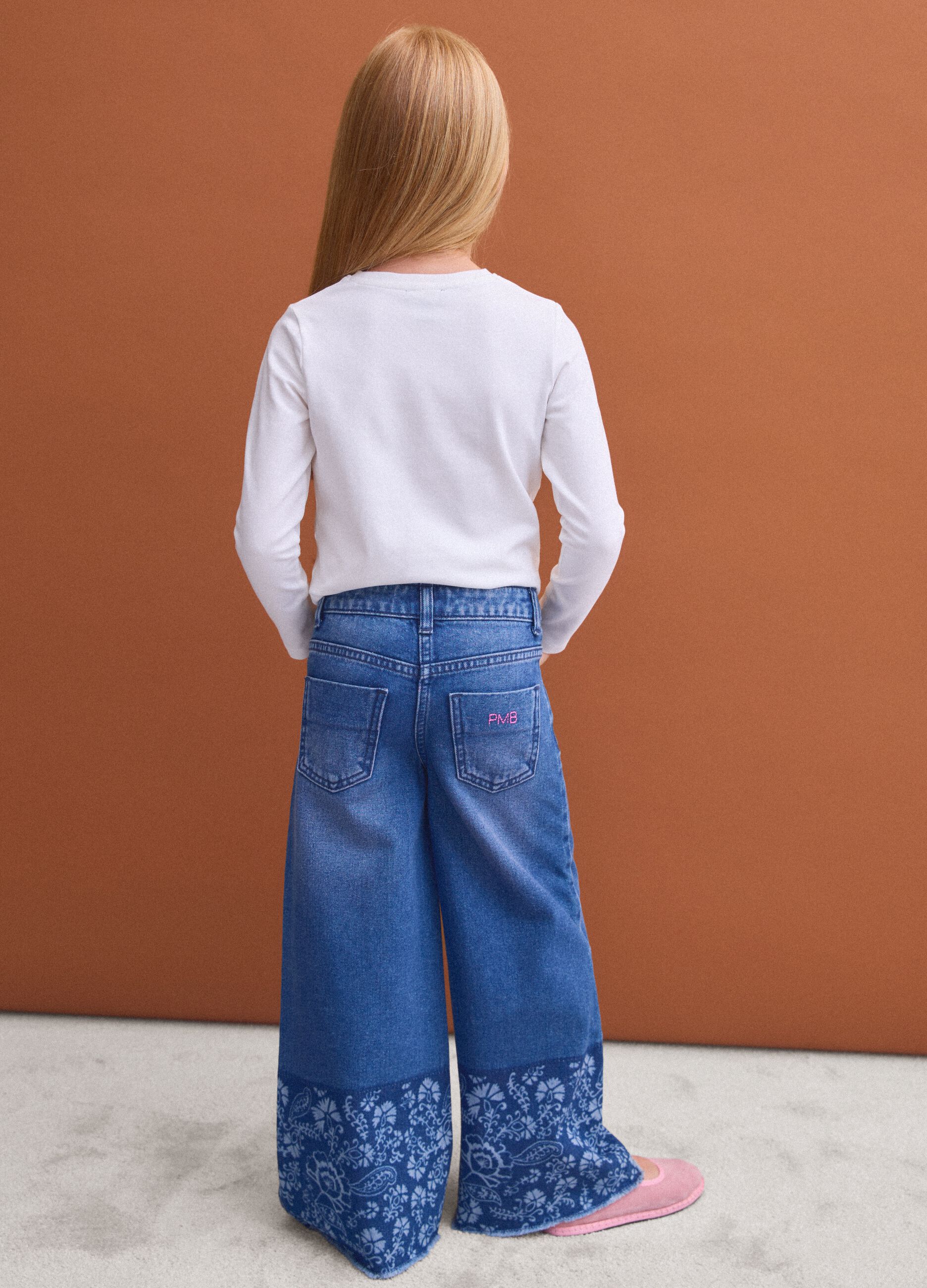 Blue wide-leg pure cotton jeans with floral print for girls