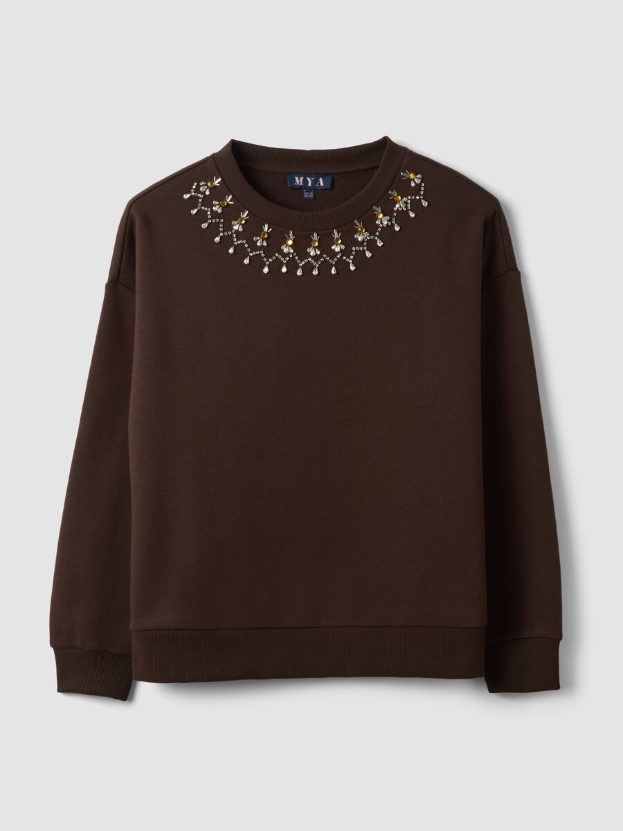 Brown cotton-blend sweatshirt with jewel crew neck_0