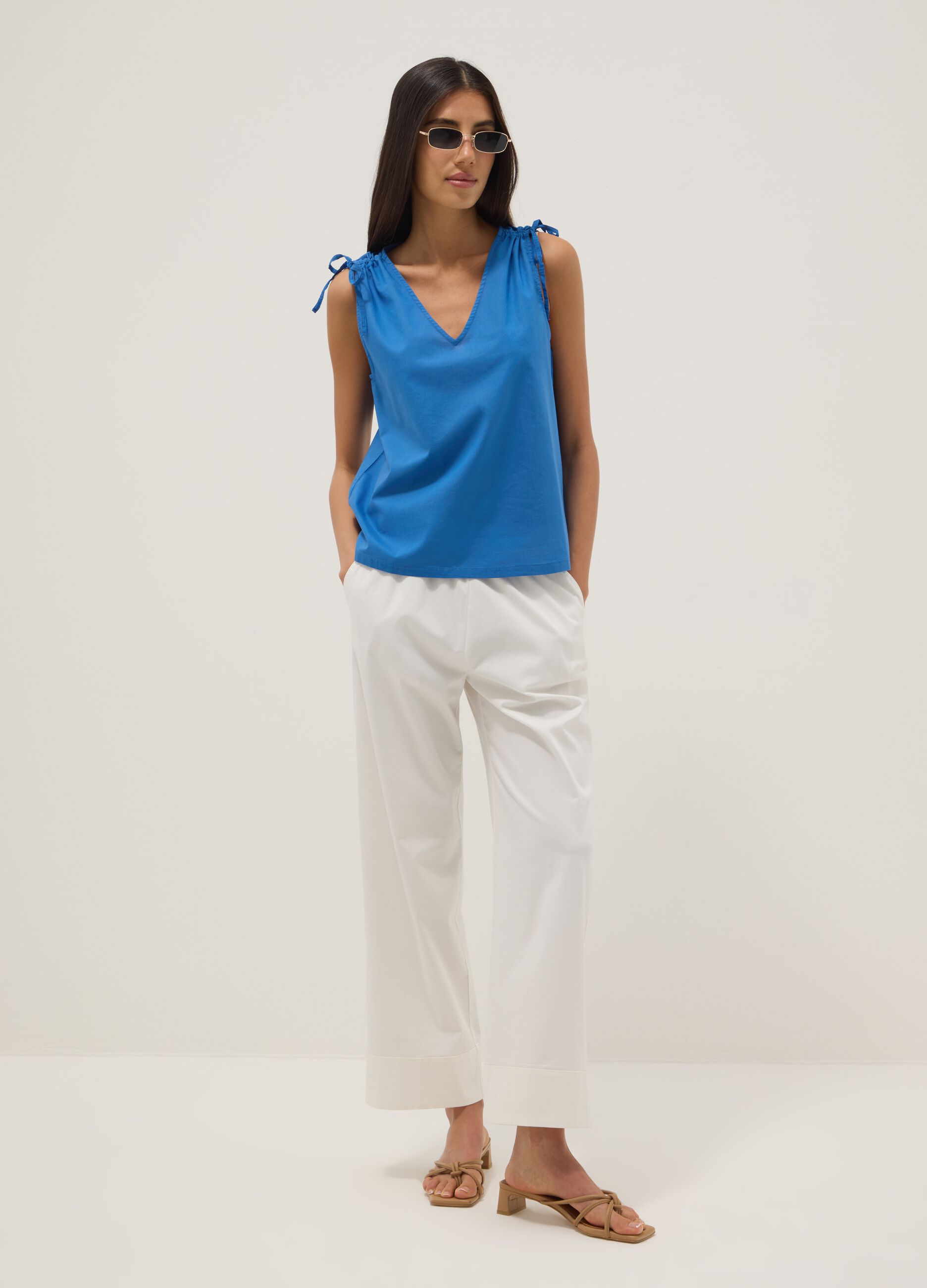 Blue pure cotton V-neck blouse