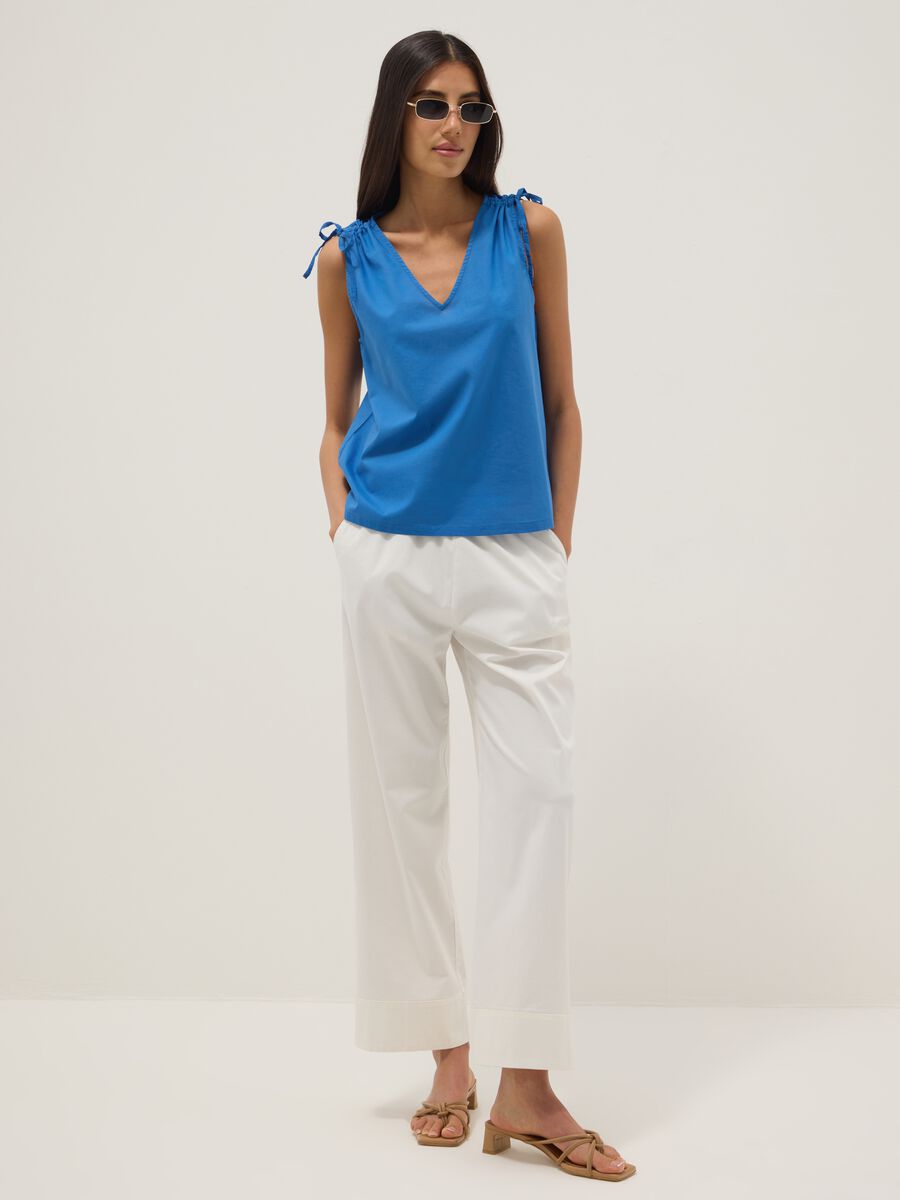 Blue pure cotton V-neck blouse_2