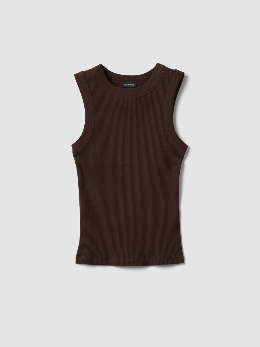 Camiseta de tirantes marr&oacute;n ajustada de algod&oacute;n el&aacute;stico acanalado_4