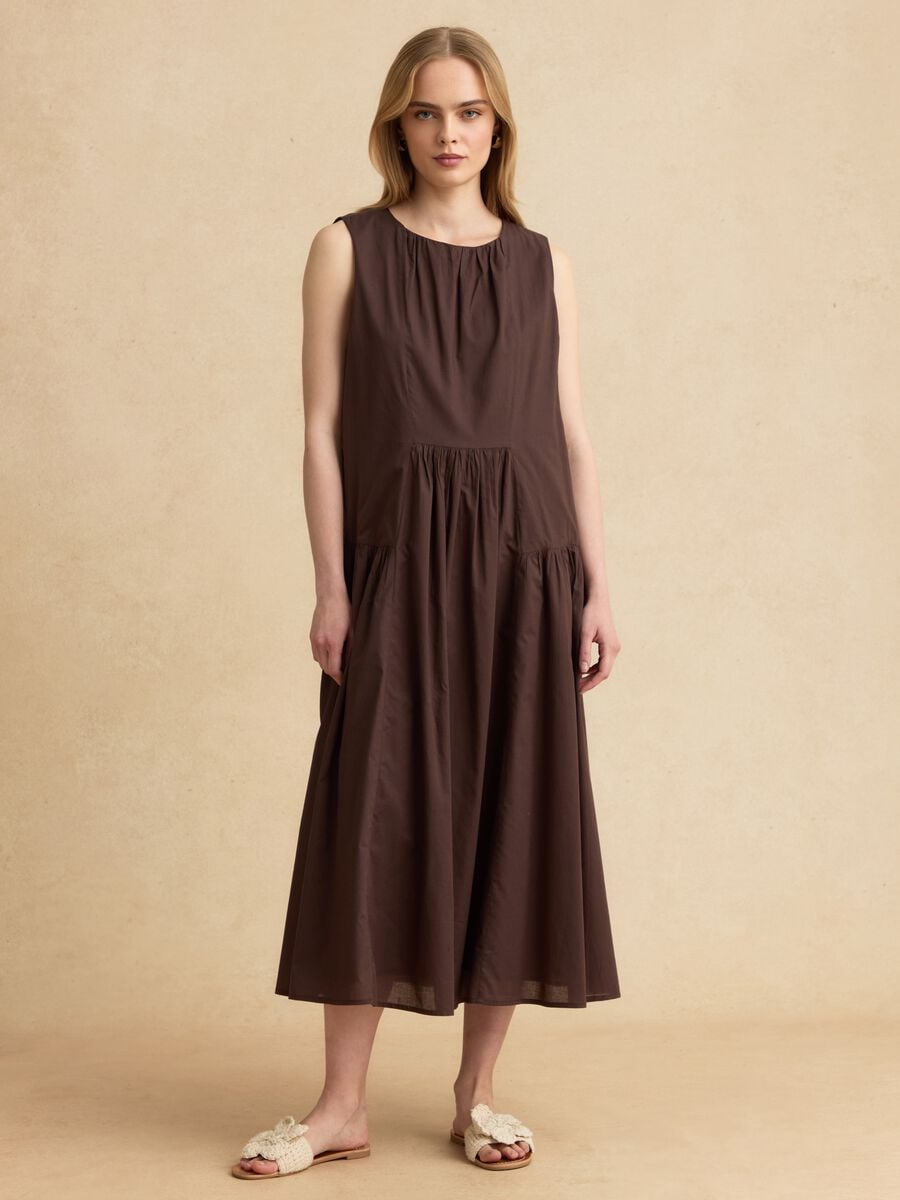 Vestido midi castanho em algod&atilde;o puro_0