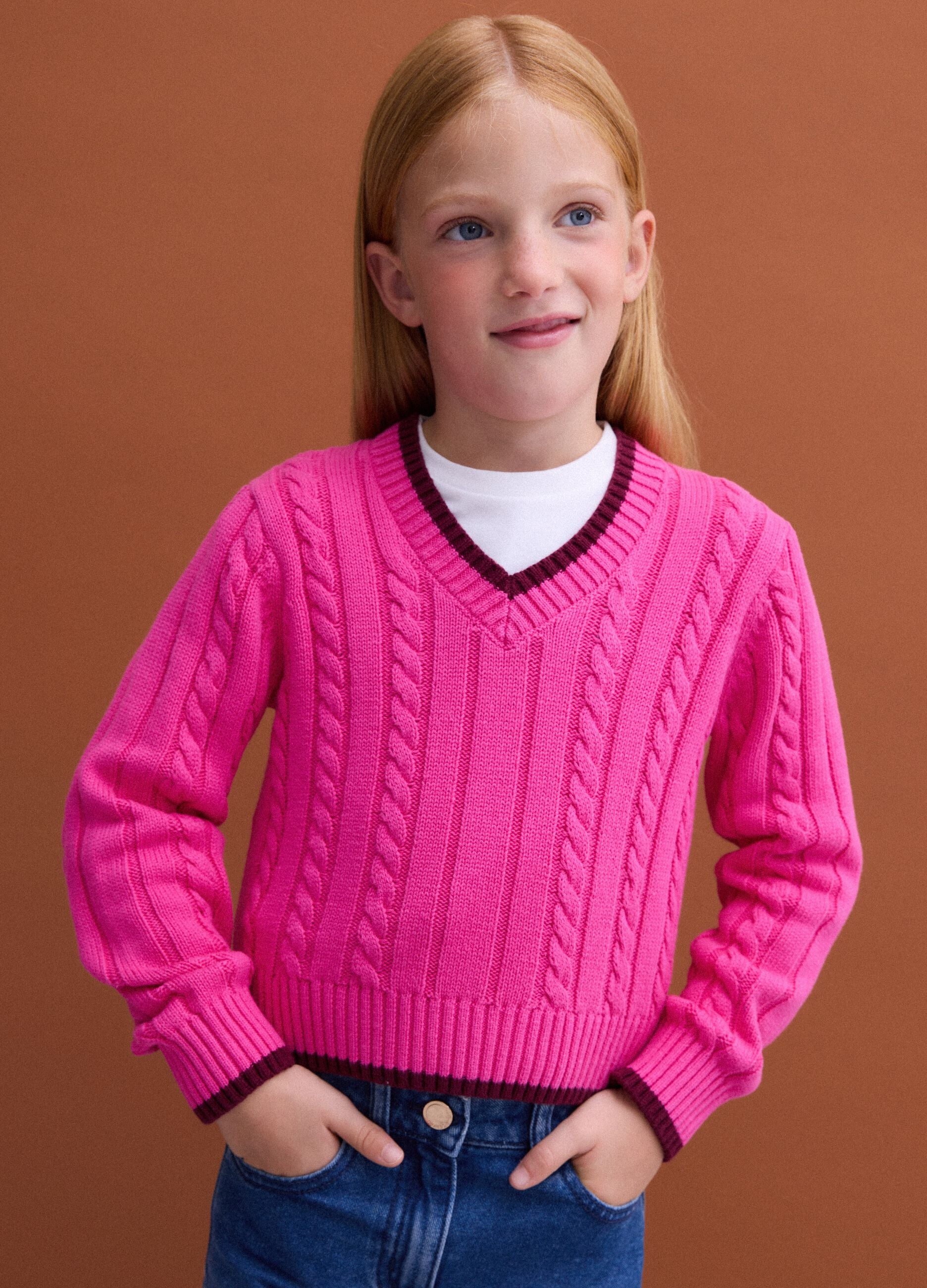 Pink pure cotton cable-knit V-neck jumper for girls