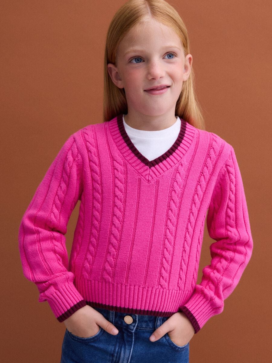 Rosa V-Ausschnitt-Pullover aus reiner Baumwolle mit Zopfmuster f&uuml;r M&auml;dchen_0