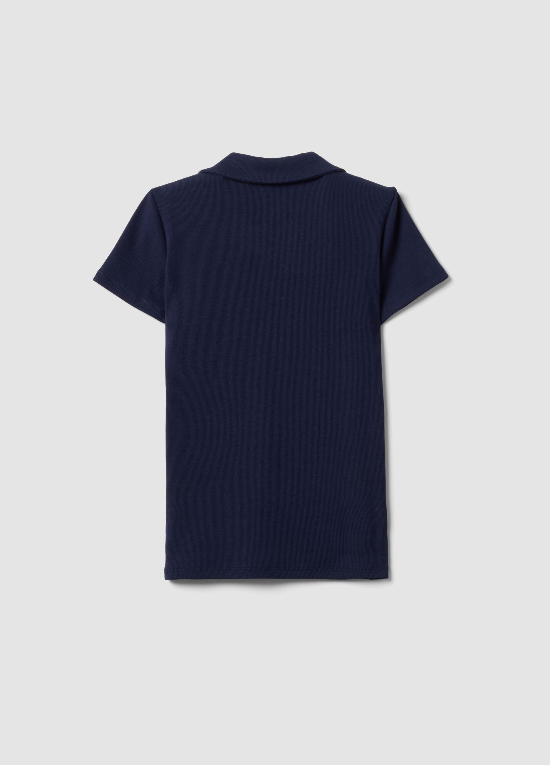 Blue stretch cotton polo shirt with open V-neck, regular fit