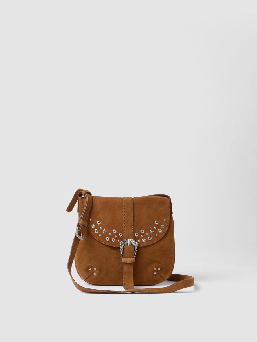 Borsa a tracolla marrone in vera pelle con borchie_0
