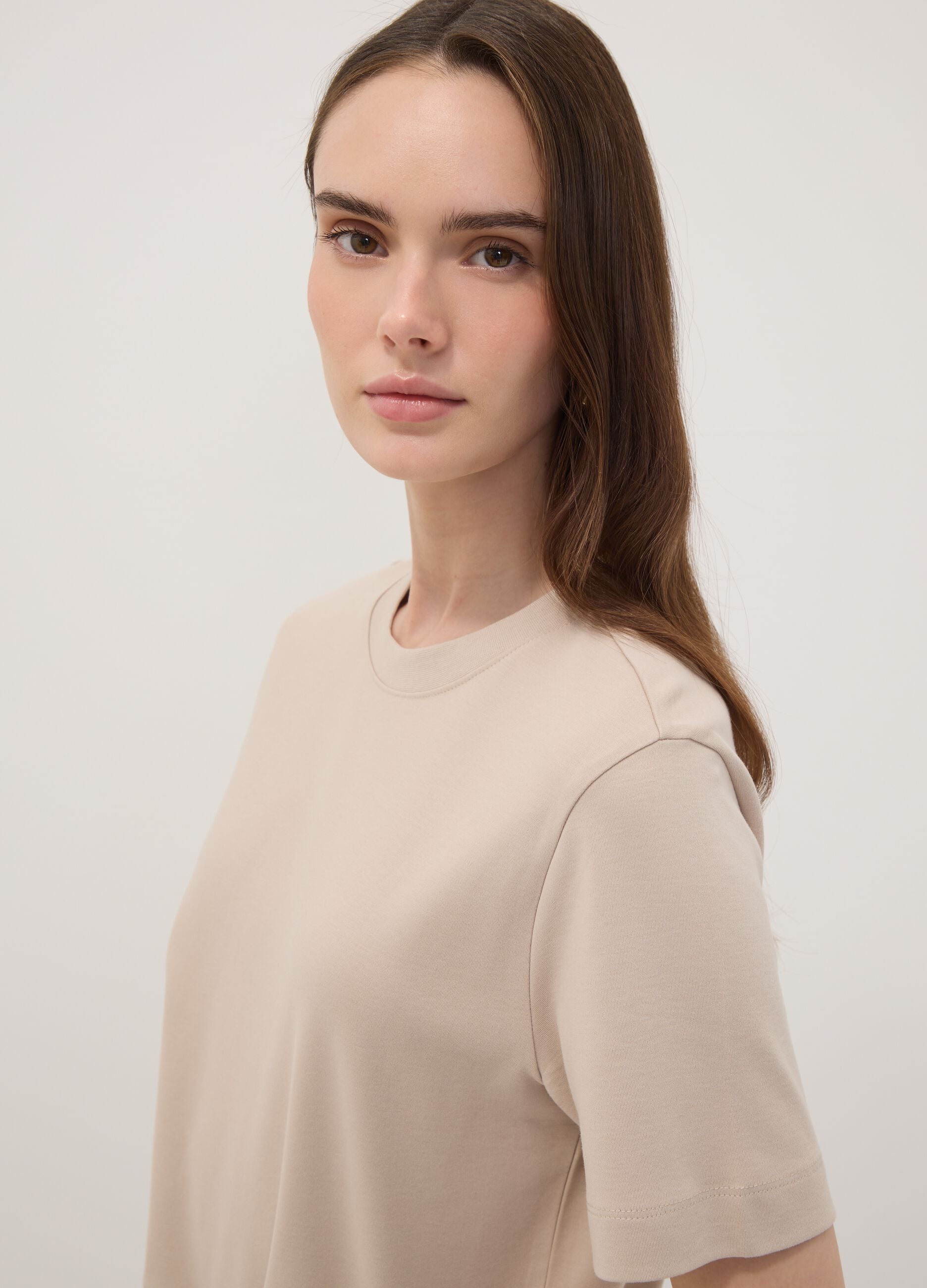 Beige relaxed-fit pure cotton short-sleeve T-shirt