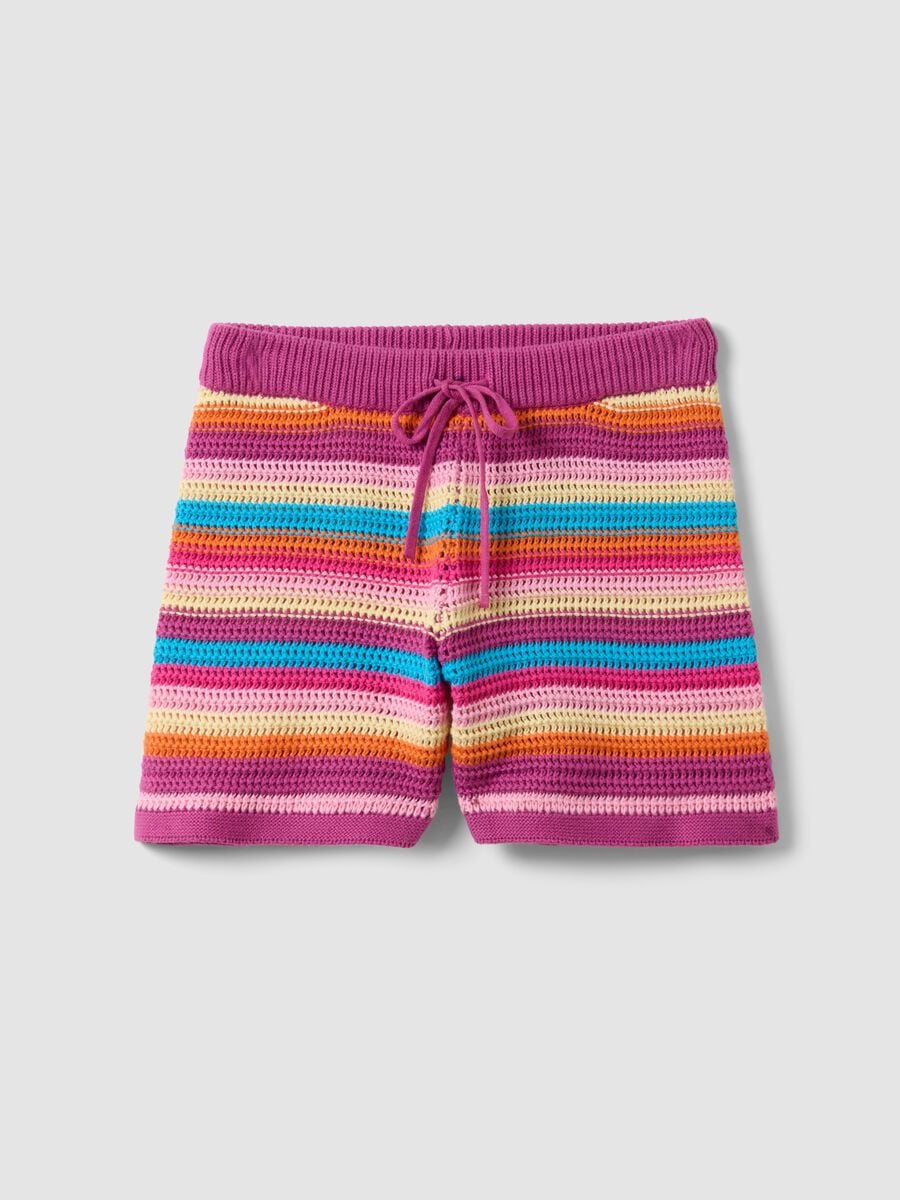 Multicolour striped pure cotton crochet shorts_4