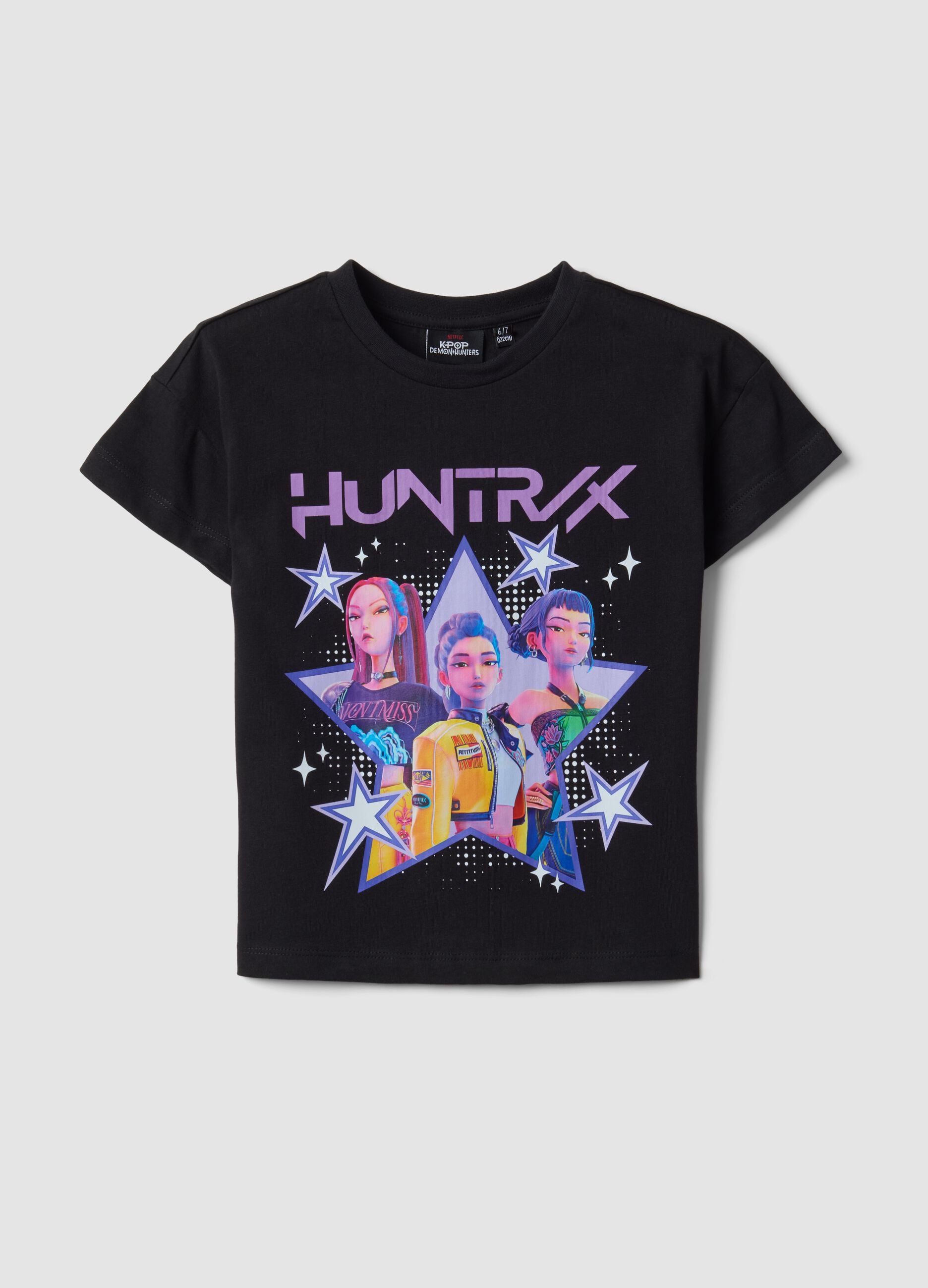 Schwarzes T-Shirt aus reiner Baumwolle mit K-Pop Demon Hunters Print f&uuml;r M&auml;dchen
