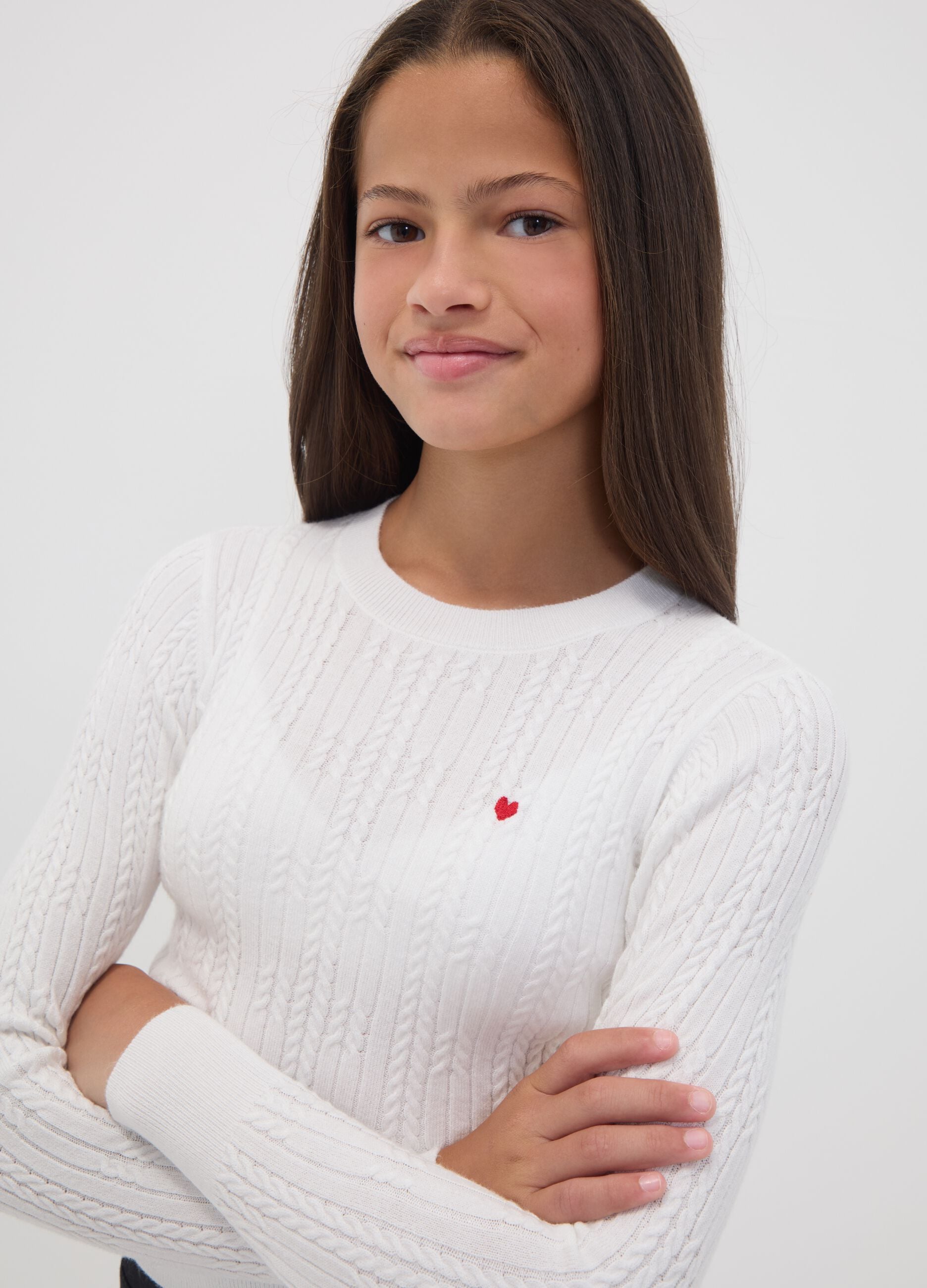 White fitted viscose-blend cable-knit crew-neck jumper for girls